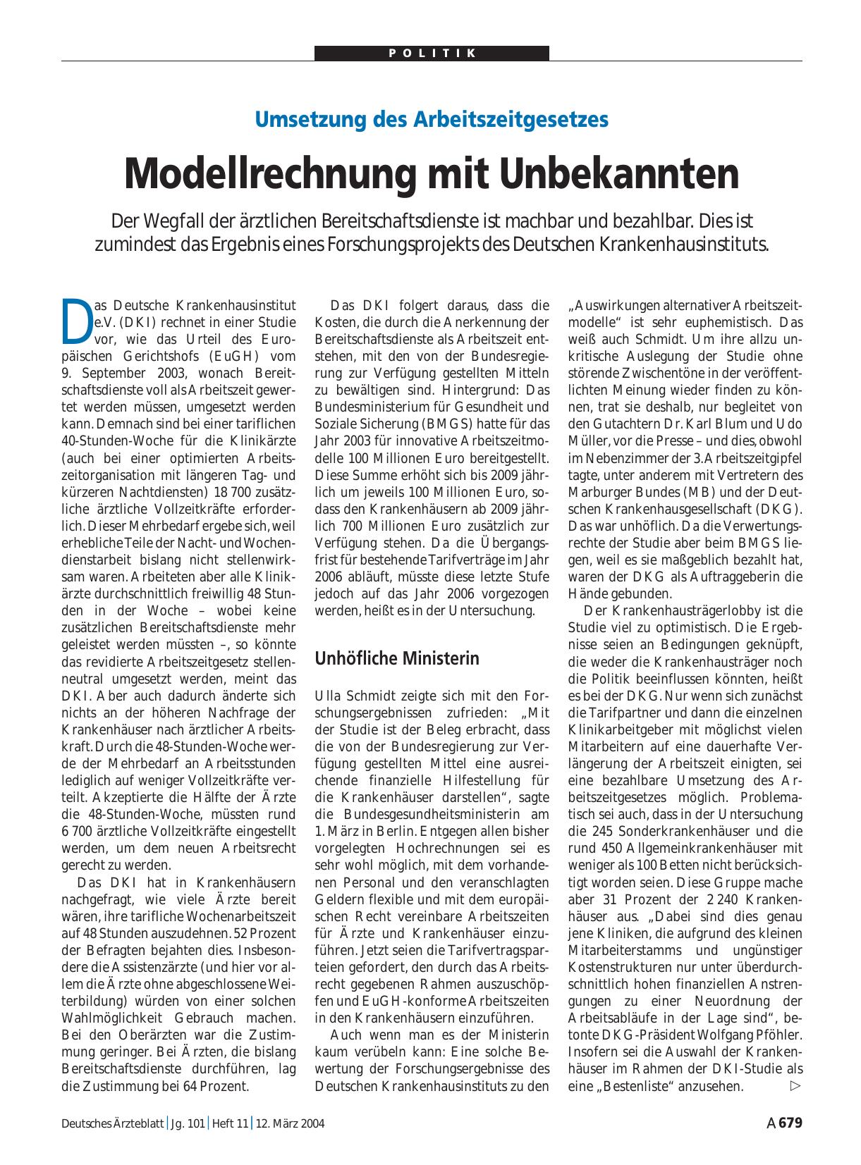 Vorschauseite 1: Umsetzung des Arbeitszeitgesetzes: Modellrechnung mit Unbekannten