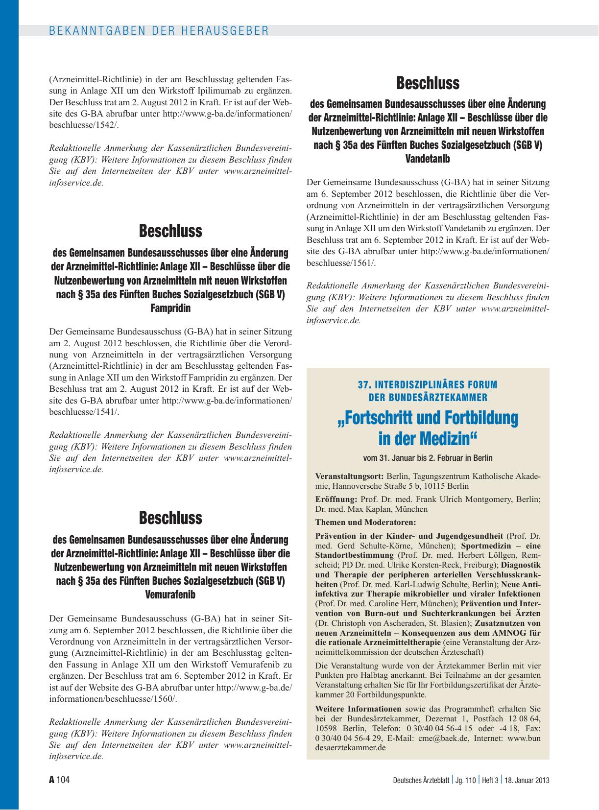 Vorschauseite 1: Beschluss des Gemeinsamen Bundesausschusses über eine Änderung der Arzneimittel-Richtlinie: Anlage XII – Beschlüsse über die Nutzenbewertung von Arzneimitteln mit neuen Wirkstoffe…