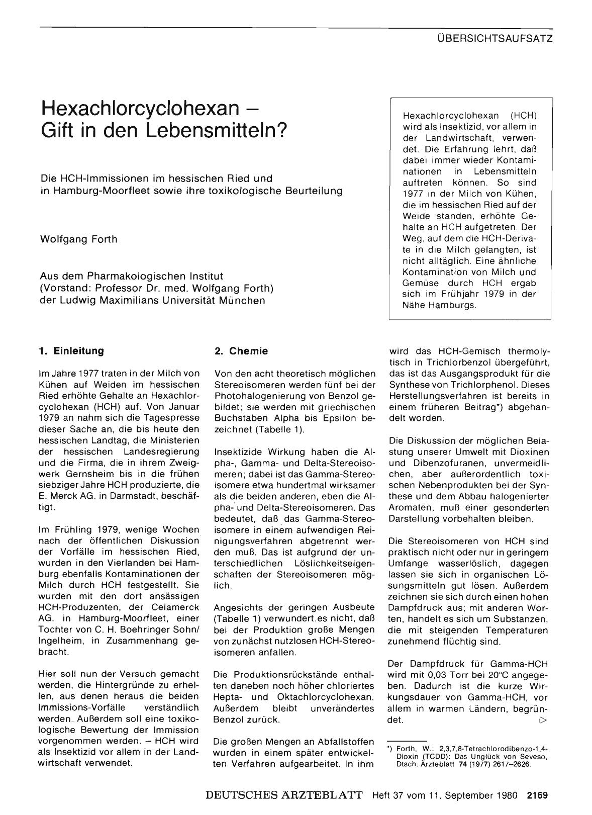 Vorschauseite 1: Hexachlorcyclohexan — Gift in den Lebensmitteln? Die HCH-Immissionen im hessischen Ried und in Hamburg-Moorfleet sowie ihre toxikologische Beurteilung