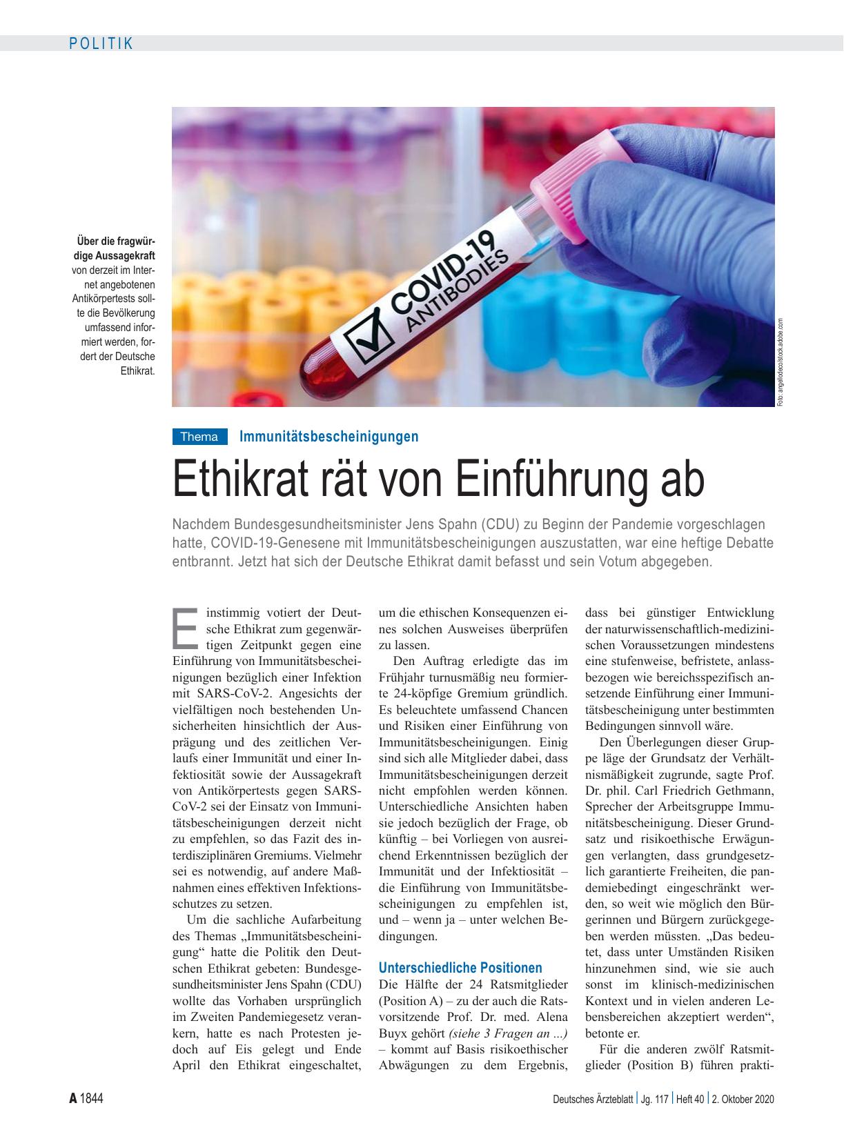Vorschauseite 1: Immunitätsbescheinigungen: Ethikrat rät von Einführung ab