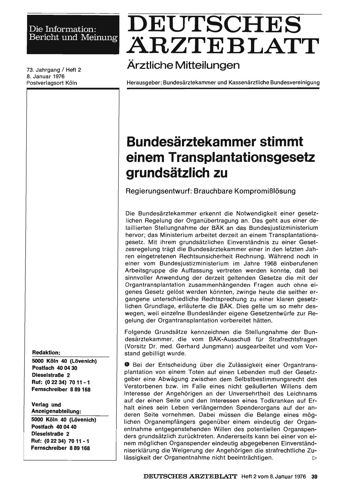 Vorschauseite 1: Bundesärztekammer stimmt einem Transplantationsgesetz grundsätzlich zu