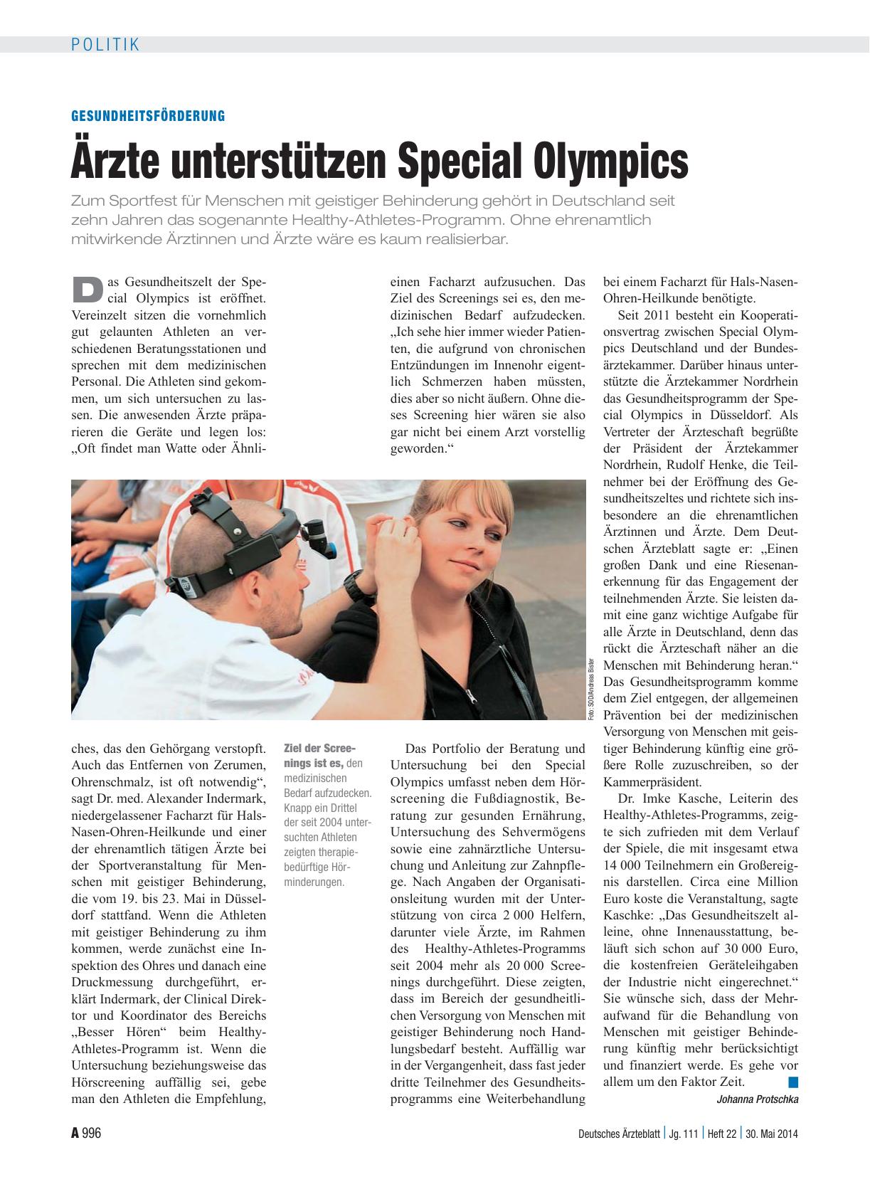 Vorschauseite 1: Gesundheitsförderung: Ärzte unterstützen Special Olympics