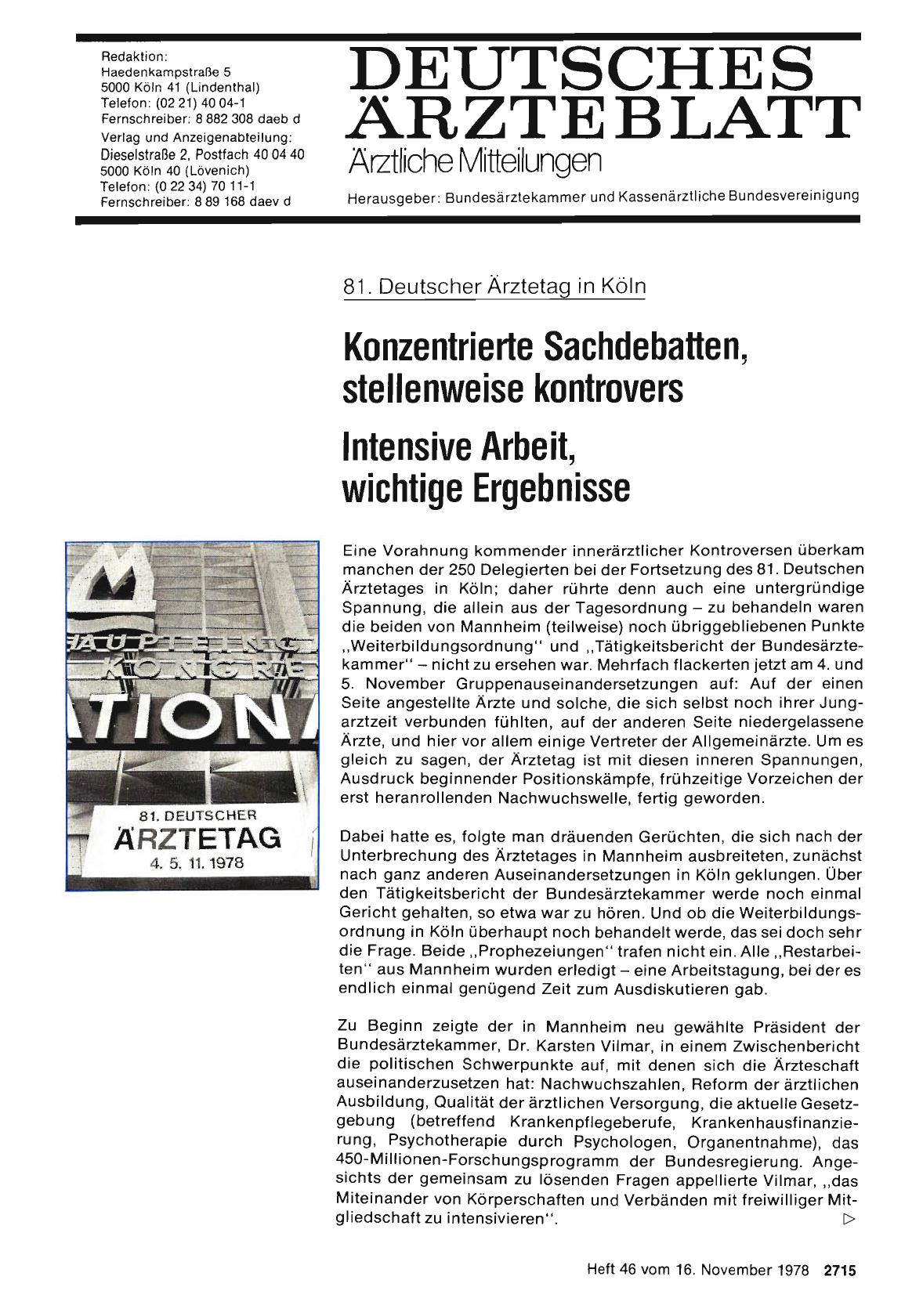 Vorschauseite 1: 81. Deutscher Ärztetag in Köln: Konzentrierte Sachdebatten, stellenweise kontrovers - Intensive Arbeit, wichtige Ergebnisse