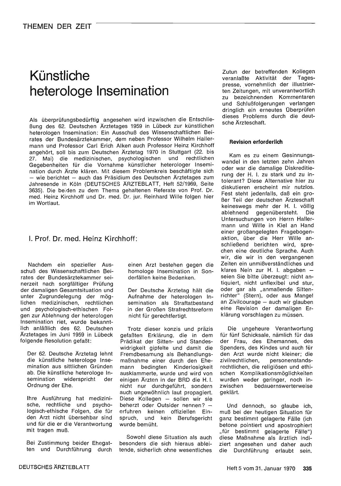 Vorschauseite 1: Künstliche heterologe Insemination: I. Prof. Dr. med. Heinz Kirchhoff: / II. Privatdozent Dr. med. Dr. jur. Reinhard Wille
