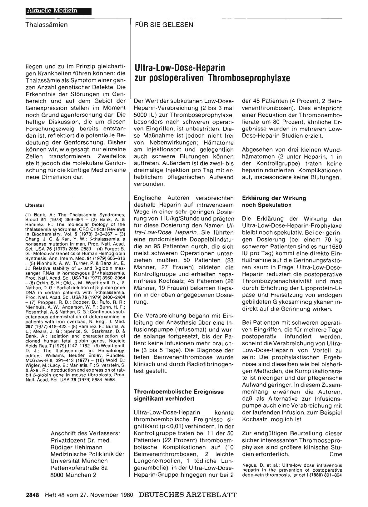 Vorschauseite 1: Ultra-Low-Dose-Heparin zur postoperativen Thromboseprophylaxe