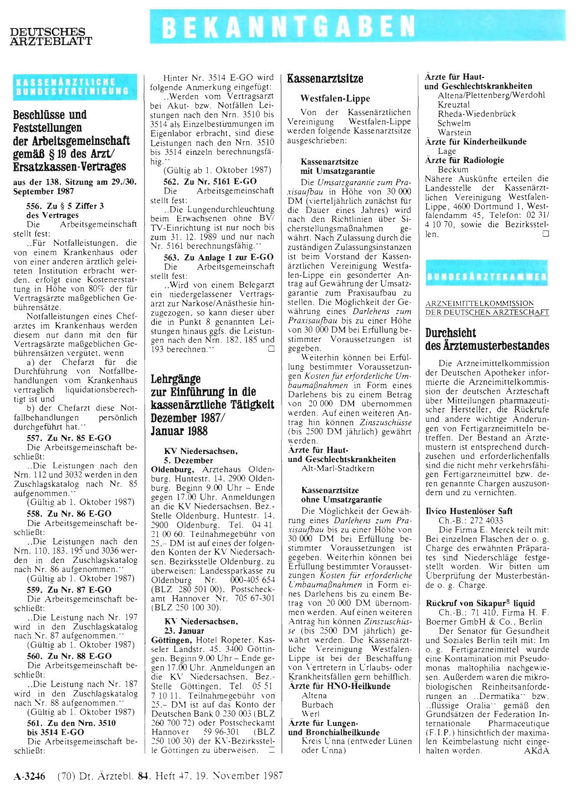 Vorschauseite 1: Lehrgänge zur Einführung in die kassenärztliche Tätigkeit Dezember 1987/ Januar 1988