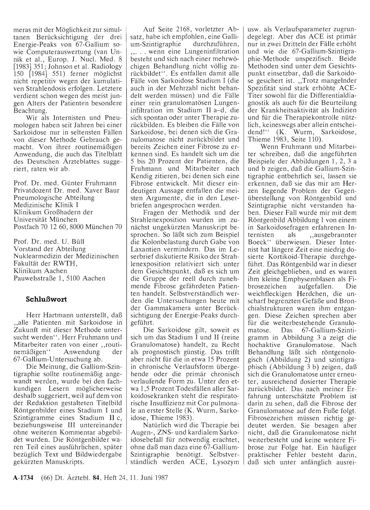 Vorschauseite 1: Sarkoidose: Röntgenologische und szintigraphische Beurteilung: Schlußwort