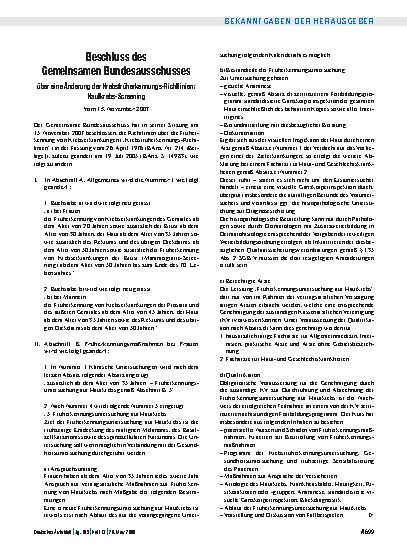 Vorschauseite 1: Bekanntmachungen: Beschluss des Gemeinsamen Bundesausschusses über eine Änderung der Krebsfrüherkennungs-Richtlinien: Hautkrebs-Screening Vom 15. November 2007
