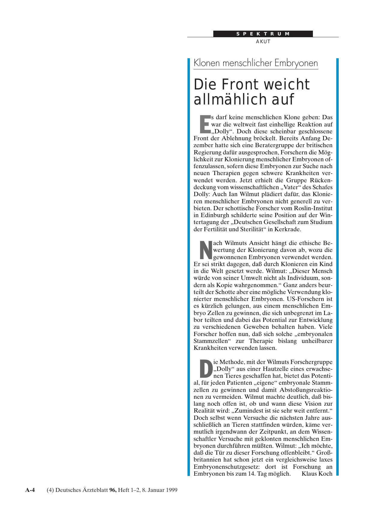 Vorschauseite 1: Klonen menschlicher Embryonen: Die Front weicht allmählich auf