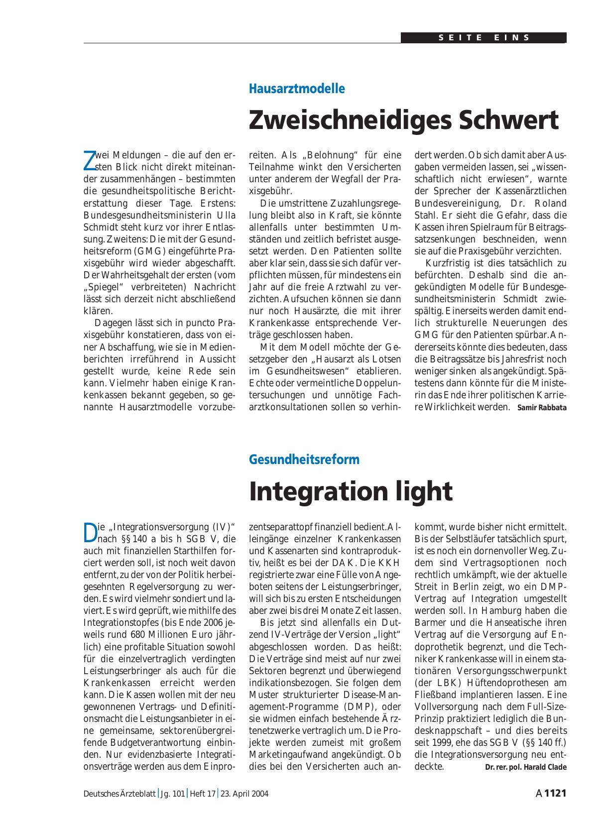 Vorschauseite 1: Hausarztmodelle: Zweischneidiges Schwert