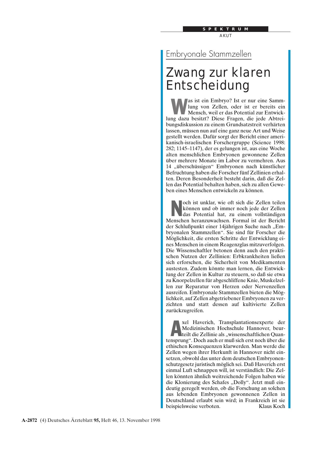 Vorschauseite 1: Embryonale Stammzellen: Zwang zur klaren Entscheidung