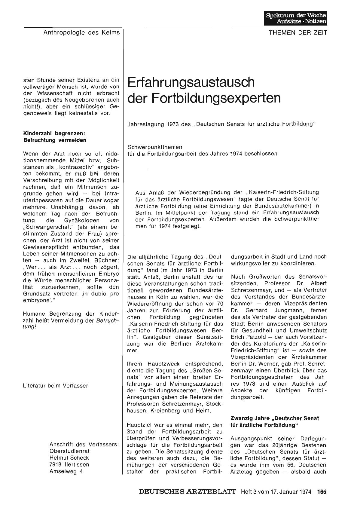 Vorschauseite 1: Erfahrungsaustausch der Fortbildungsexperten: Jahrestagung 1973 des „Deutschen Senats für ärztliche Fortbildung“