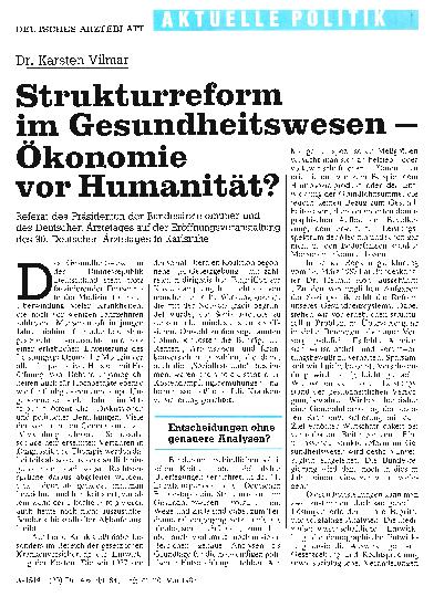 Vorschauseite 1: Strukturreform im Gesundheitswesen - Ökonomie vor Humanität?