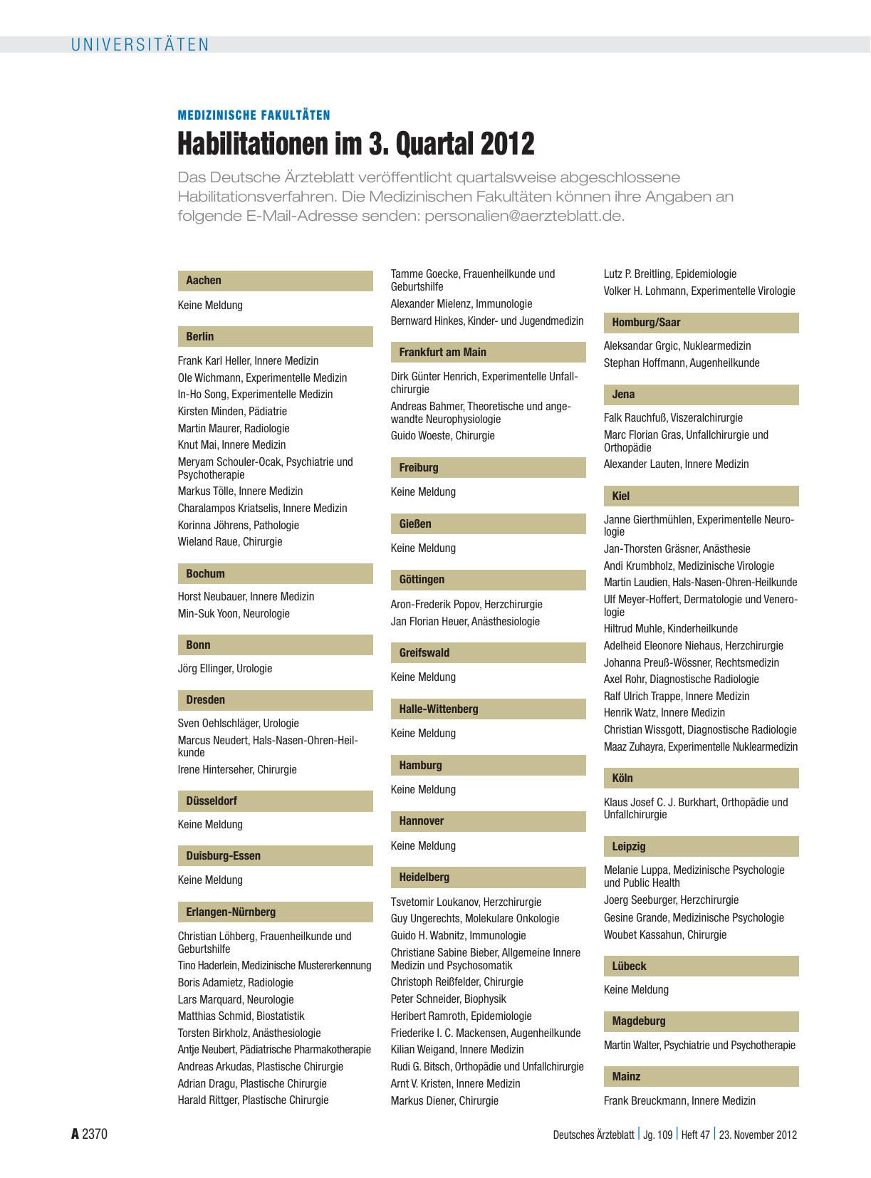 Vorschauseite 1: Medizinische Fakultäten: Habilitationen im 3. Quartal 2012
