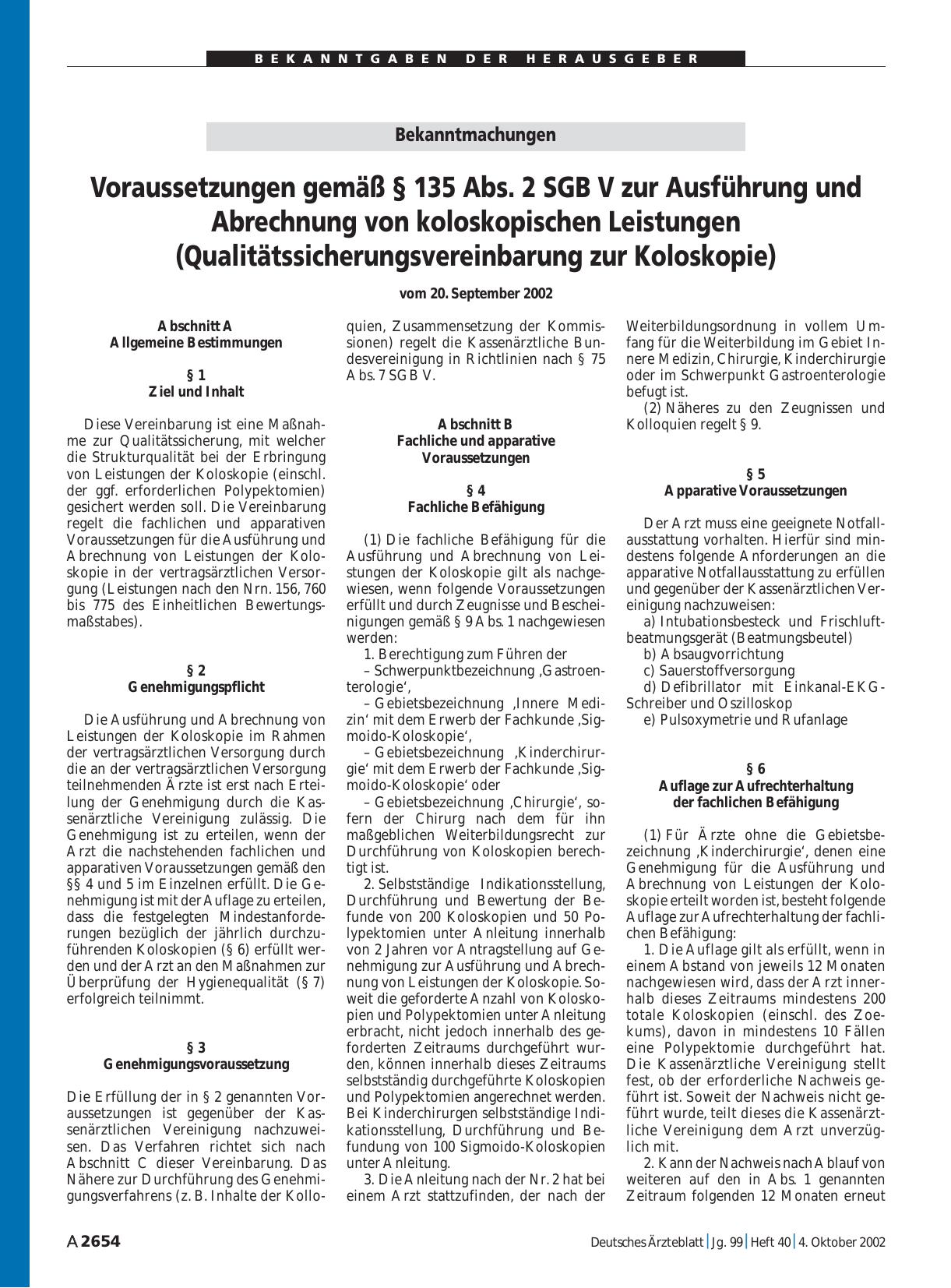 Vorschauseite 1: Bekanntmachungen: Voraussetzungen gemäß § 135 Abs. 2 SGB V zur Ausführung und Abrechnung von koloskopischen Leistungen (Qualitätssicherungsvereinbarung zur Koloskopie) vom 20. Sep…