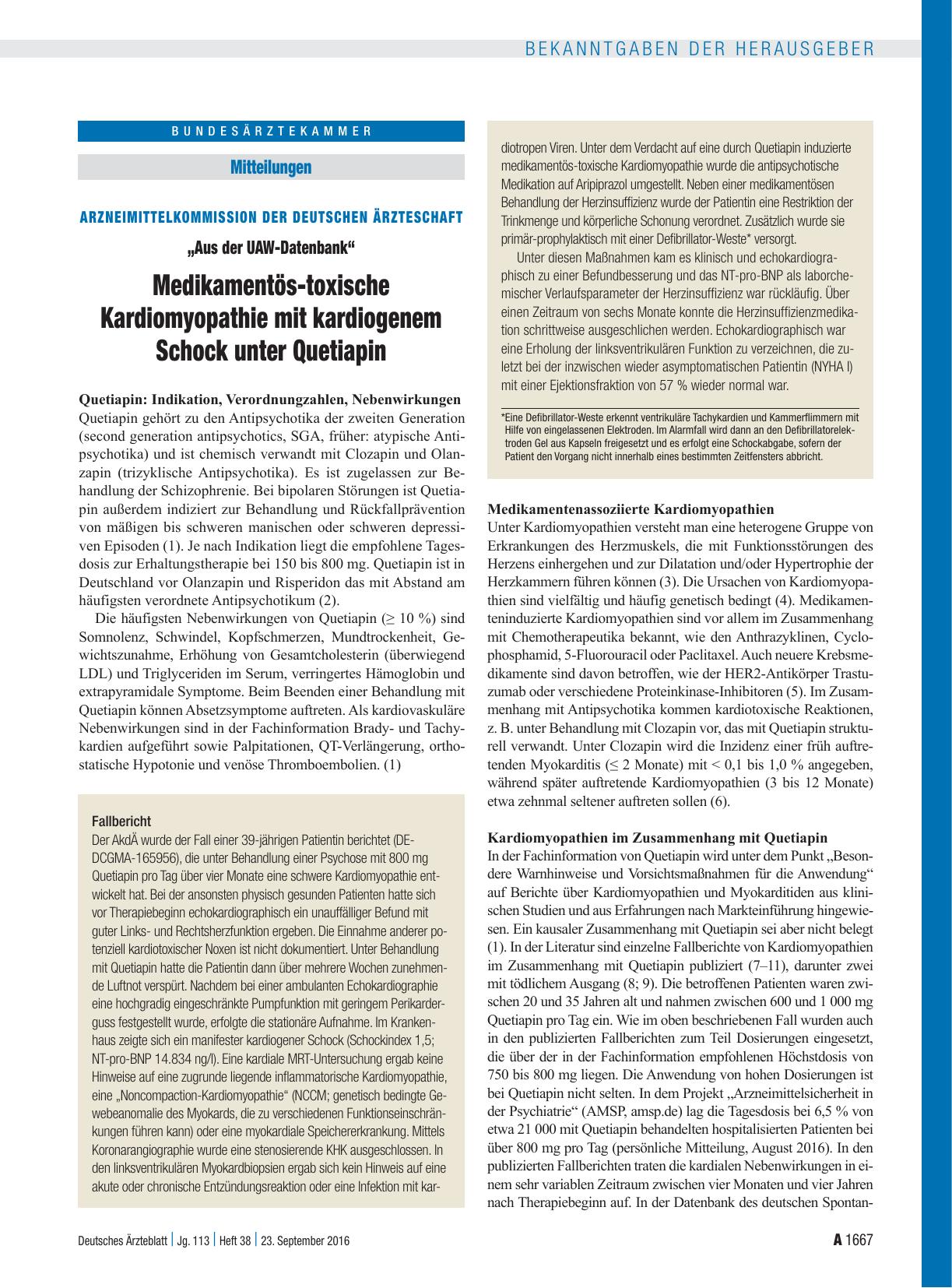 Vorschauseite 1: „Aus der UAW-Datenbank“: Medikamentös-toxische Kardiomyopathie mit kardiogenem Schock unter Quetiapin