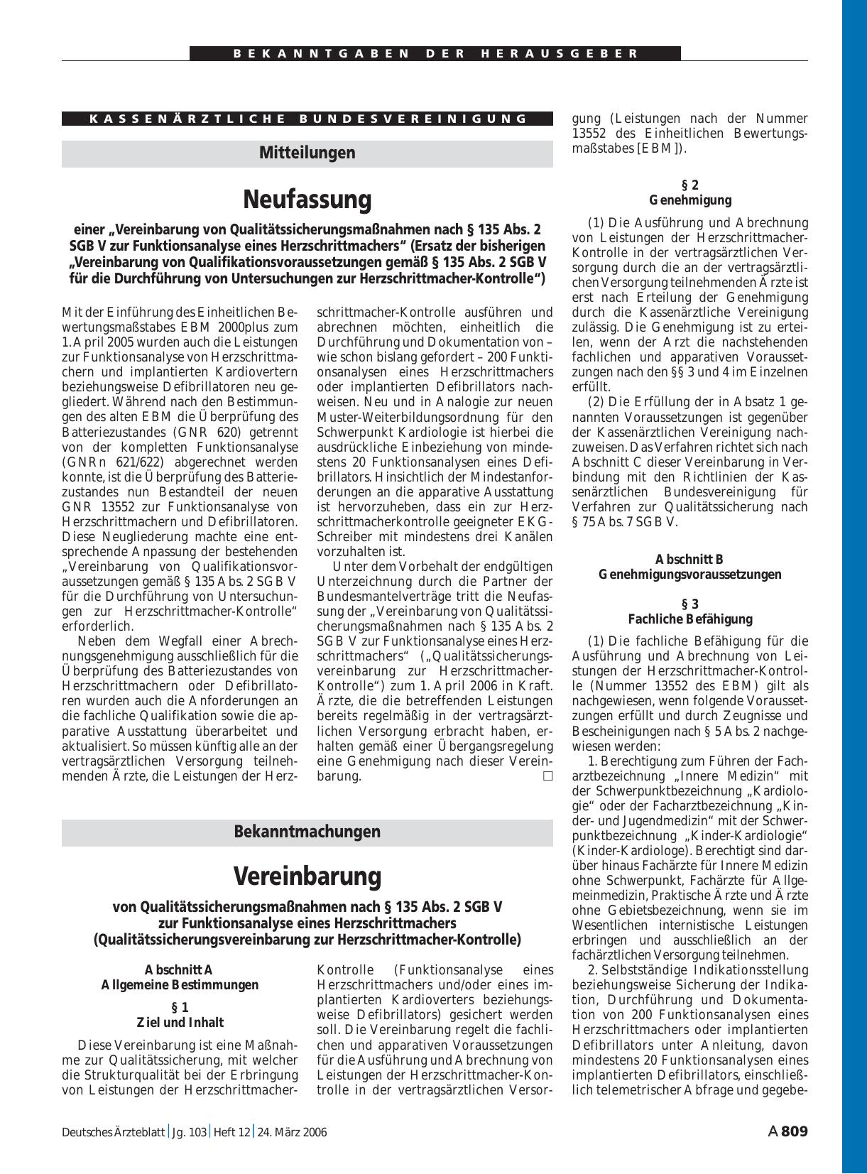 Vorschauseite 1: Bekanntmachungen: Vereinbarung von Qualitätssicherungsmaßnahmen nach § 135 Abs. 2 SGB V zur Funktionsanalyse eines Herzschrittmachers (Qualitätssicherungsvereinbarung zur Herzschr…