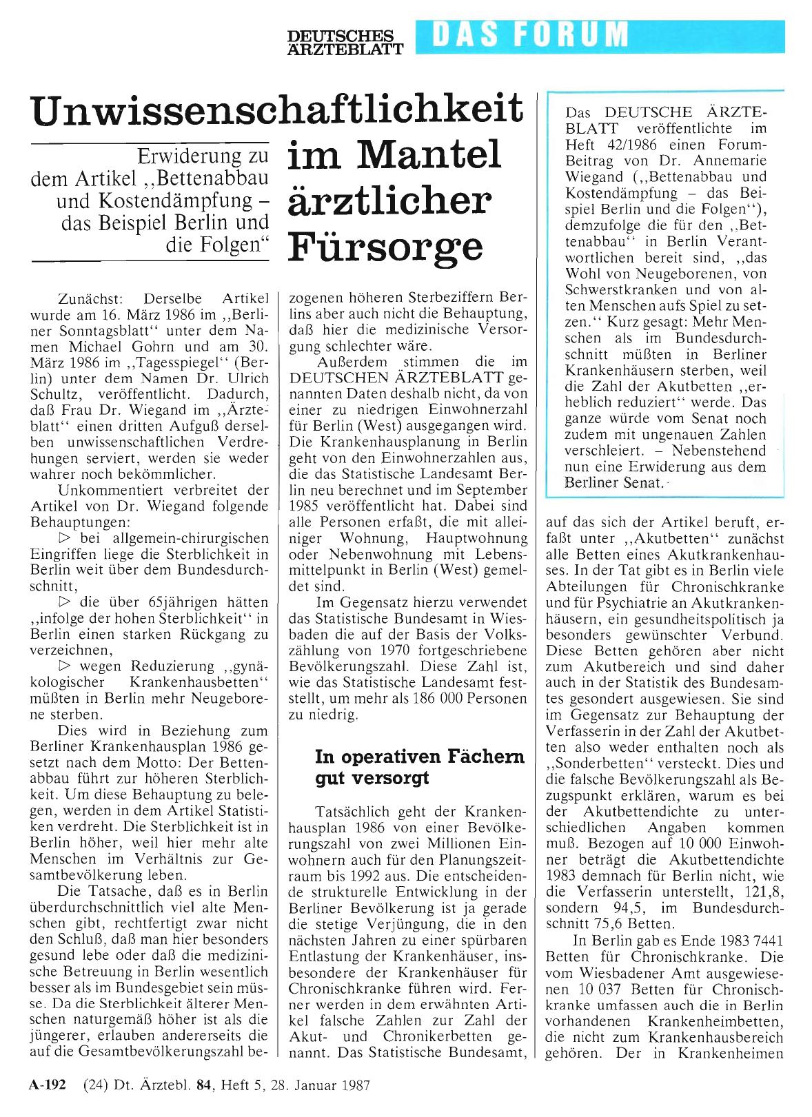 Vorschauseite 1: Unwissenschaftlichkeit im Mantel ärztlicher Fürsorge - Erwiderung zu dem Artikel „Bettenabbau und Kostendämpfung - das Beispiel Berlin und die Folgen