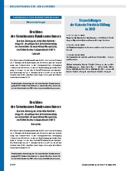 Vorschauseite 1: Beschluss des Gemeinsamen Bundesausschusses über eine Änderung der Arzneimittel-Richtlinie: Anlage XII – Cariprazin