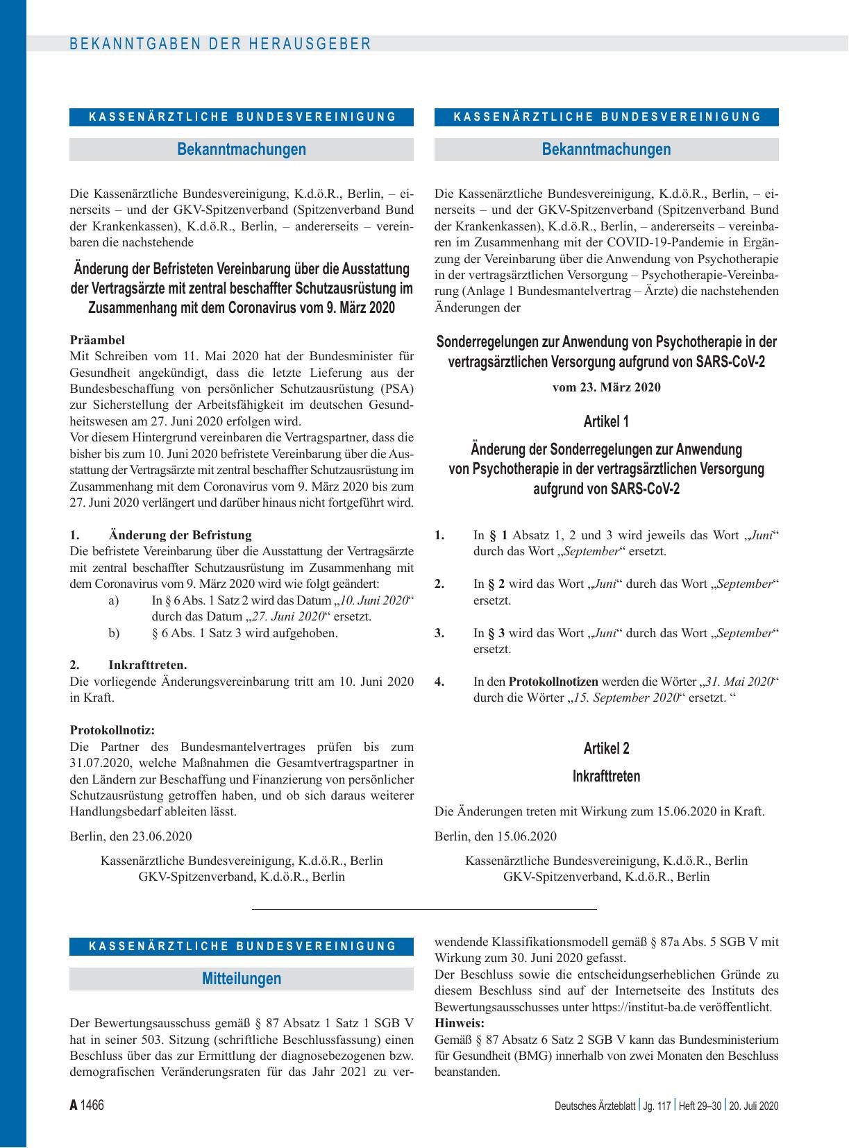 Vorschauseite 1: Sonderregelungen zur Anwendung von Psychotherapie in der vertragsärztlichen Versorgung aufgrund von SARS-CoV-2