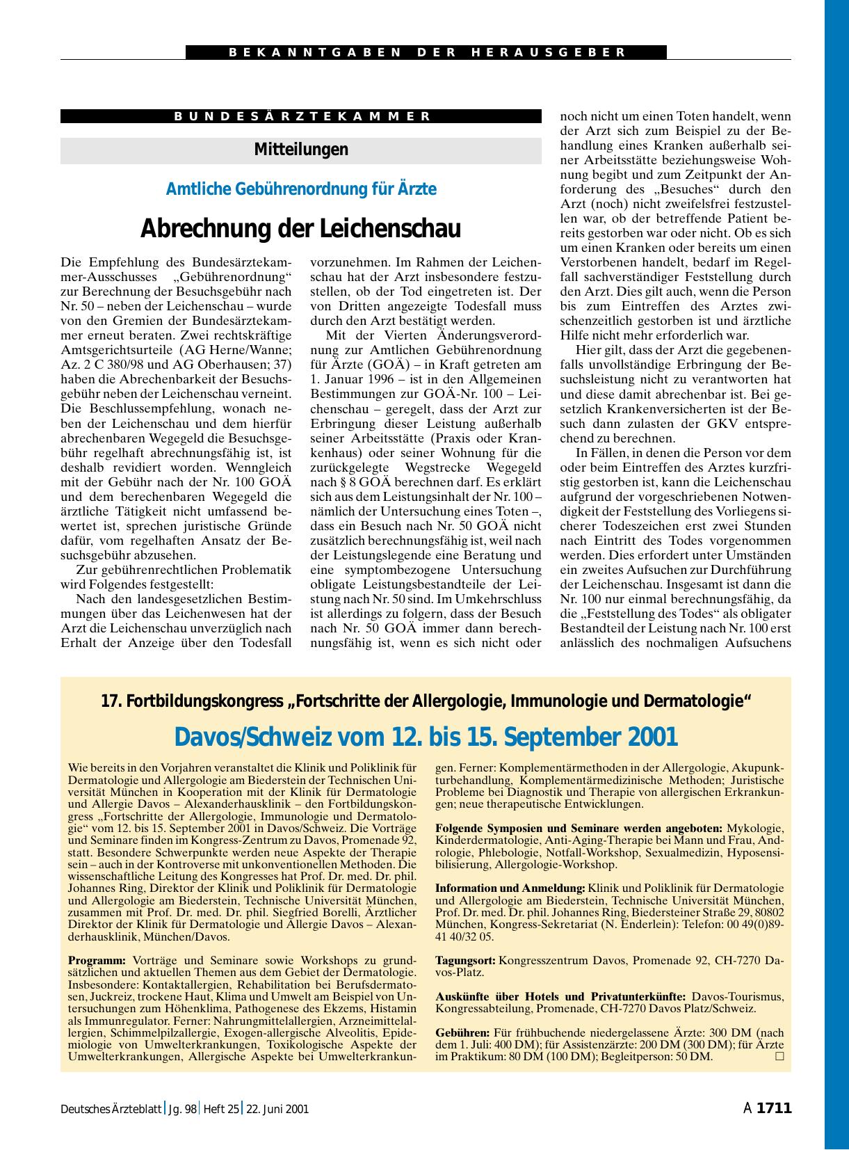 Vorschauseite 1: Mitteilungen: Amtliche Gebührenordnung für Ärzte Abrechnung der Leichenschau