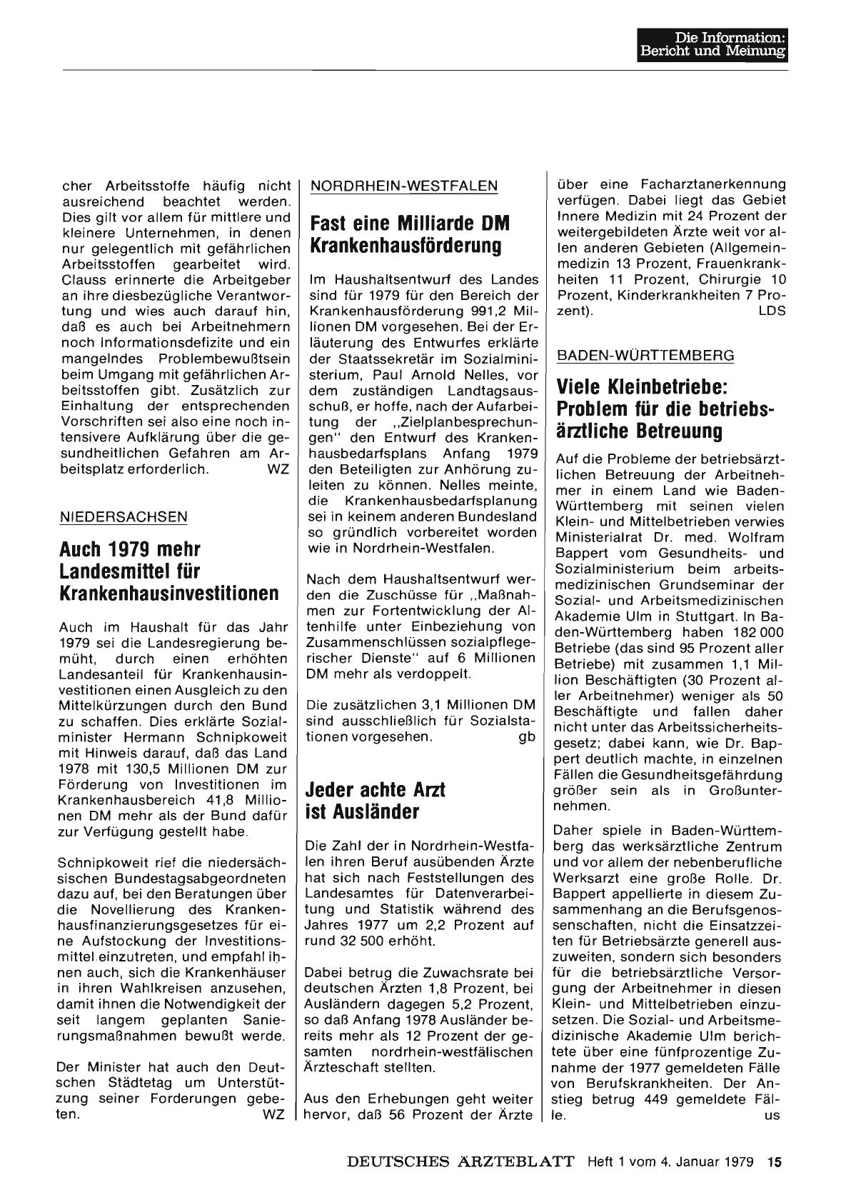 Vorschauseite 1: Niedersachsen: Auch 1979 mehr Landesmittel für Krankenhausinvestitionen
