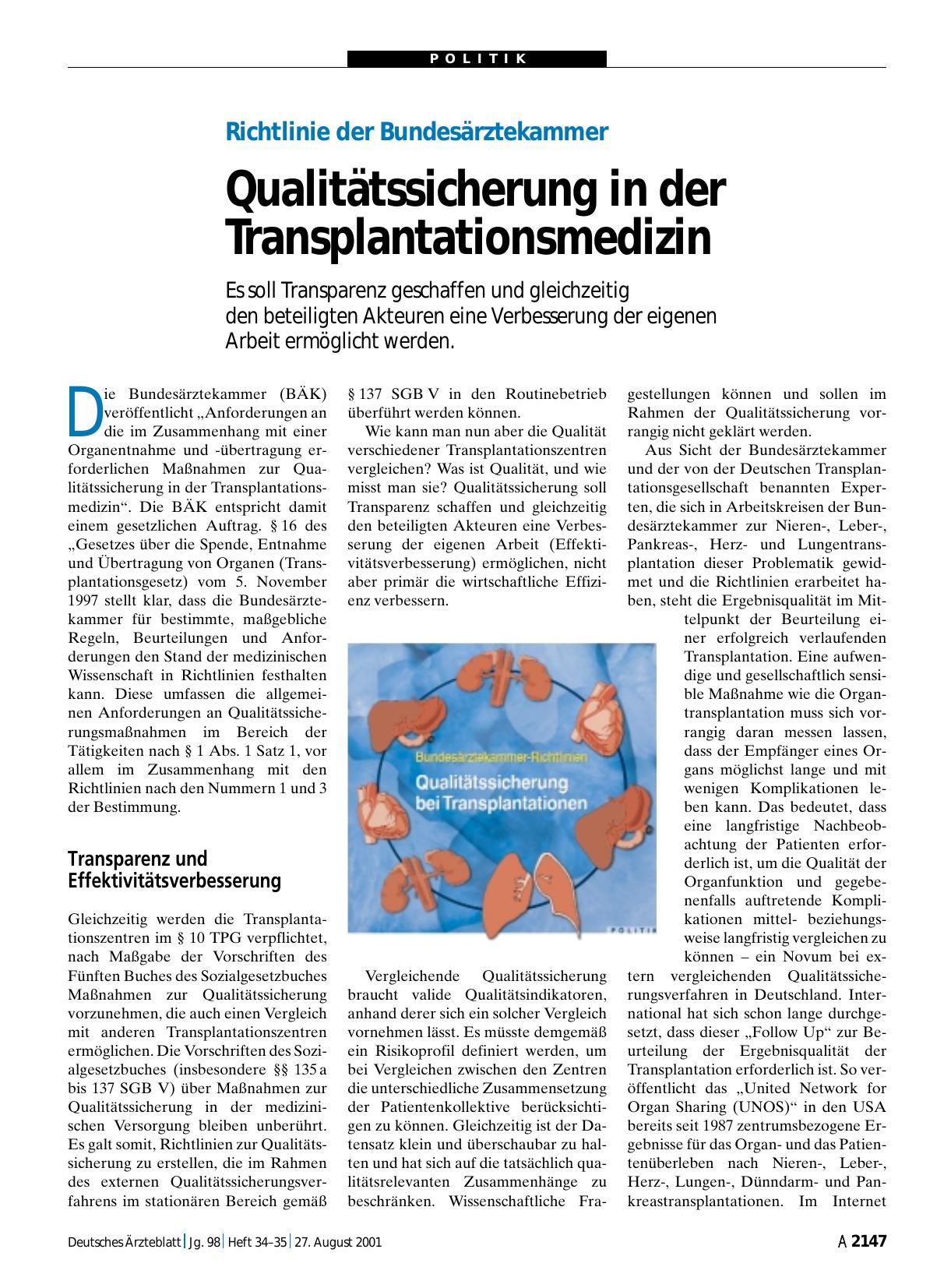 Vorschauseite 1: Richtlinie der Bundesärztekammer: Qualitätssicherung in der Transplantationsmedizin