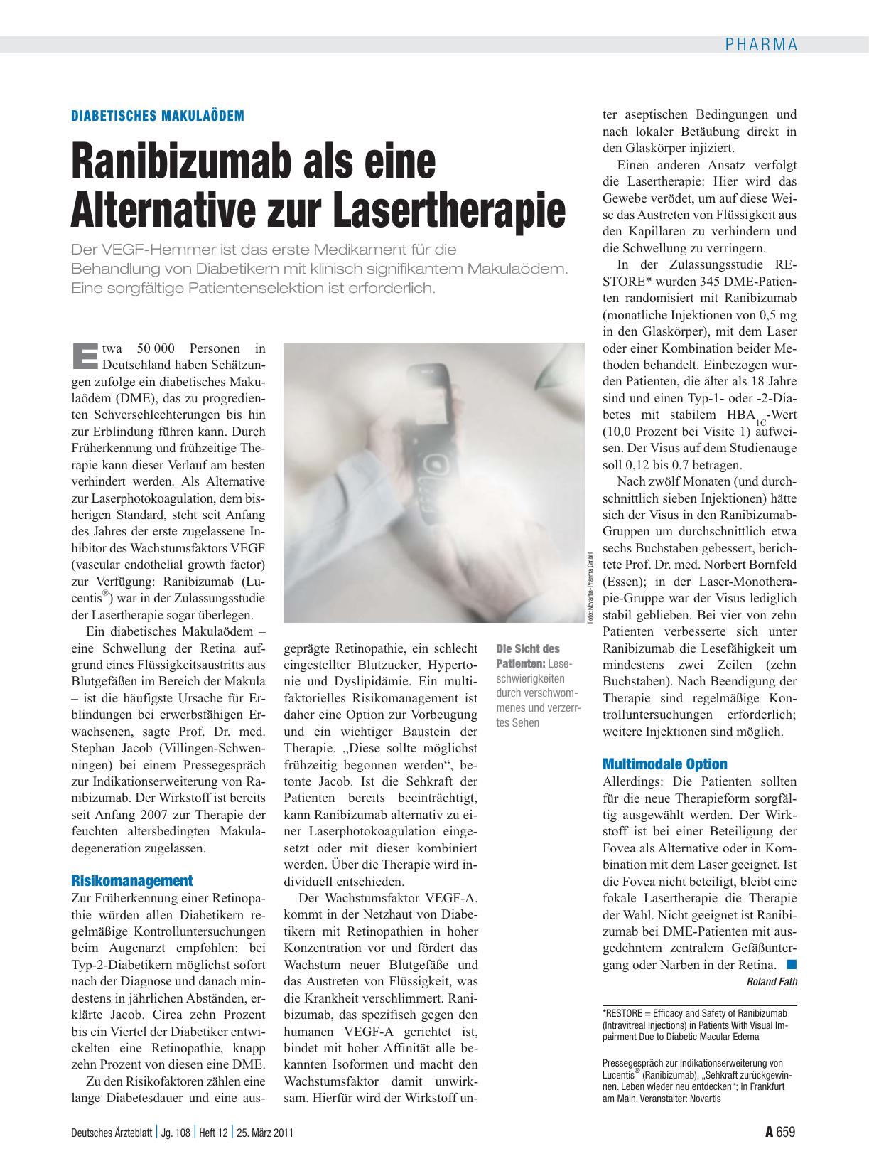 Vorschauseite 1: Diabetisches Makulaödem: Ranibizumab als eine Alternative zur Lasertherapie