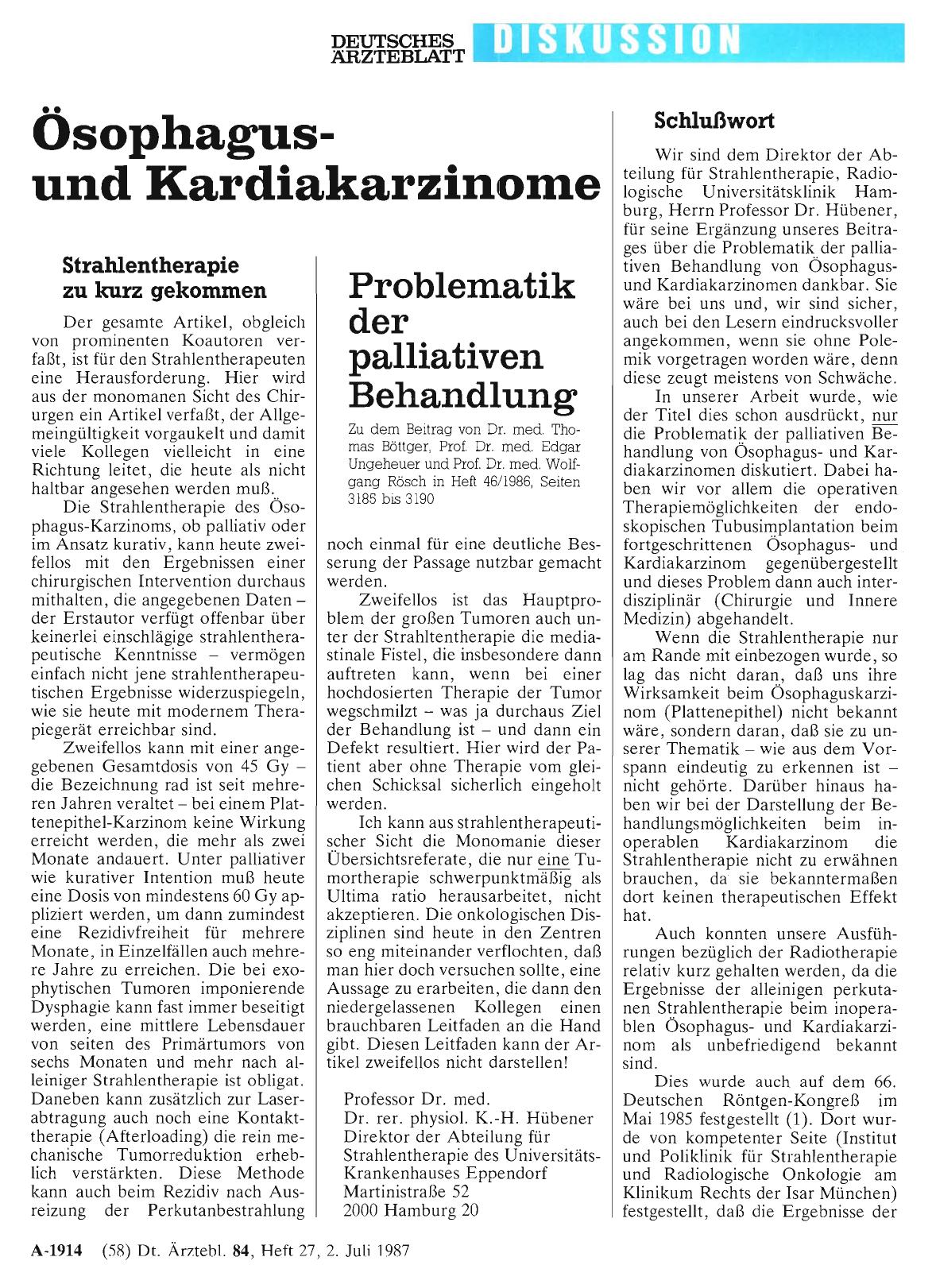 Vorschauseite 1: Ösophagusund Kardiakarzinome: Schlußwort