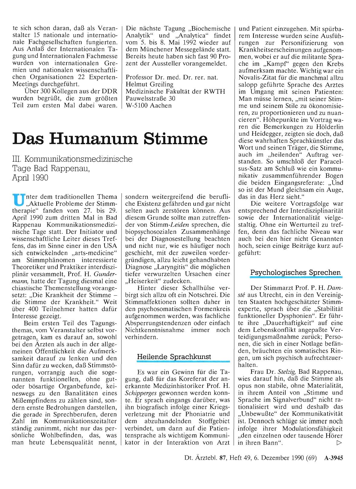 Vorschauseite 1: Das Humanum Stimme: III. Kommunikationsmedizinische Tage Bad Rappenau, April 1990
