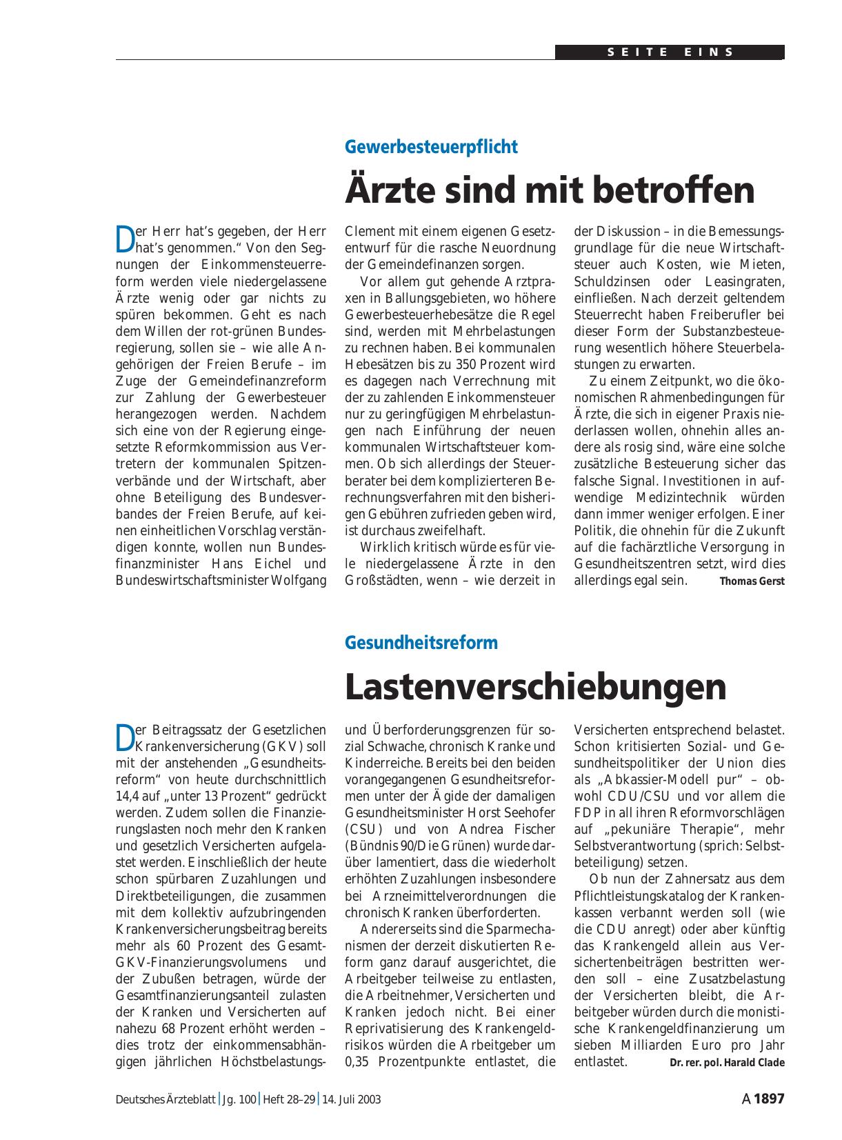 Vorschauseite 1: Gesundheitsreform: Lastenverschiebungen