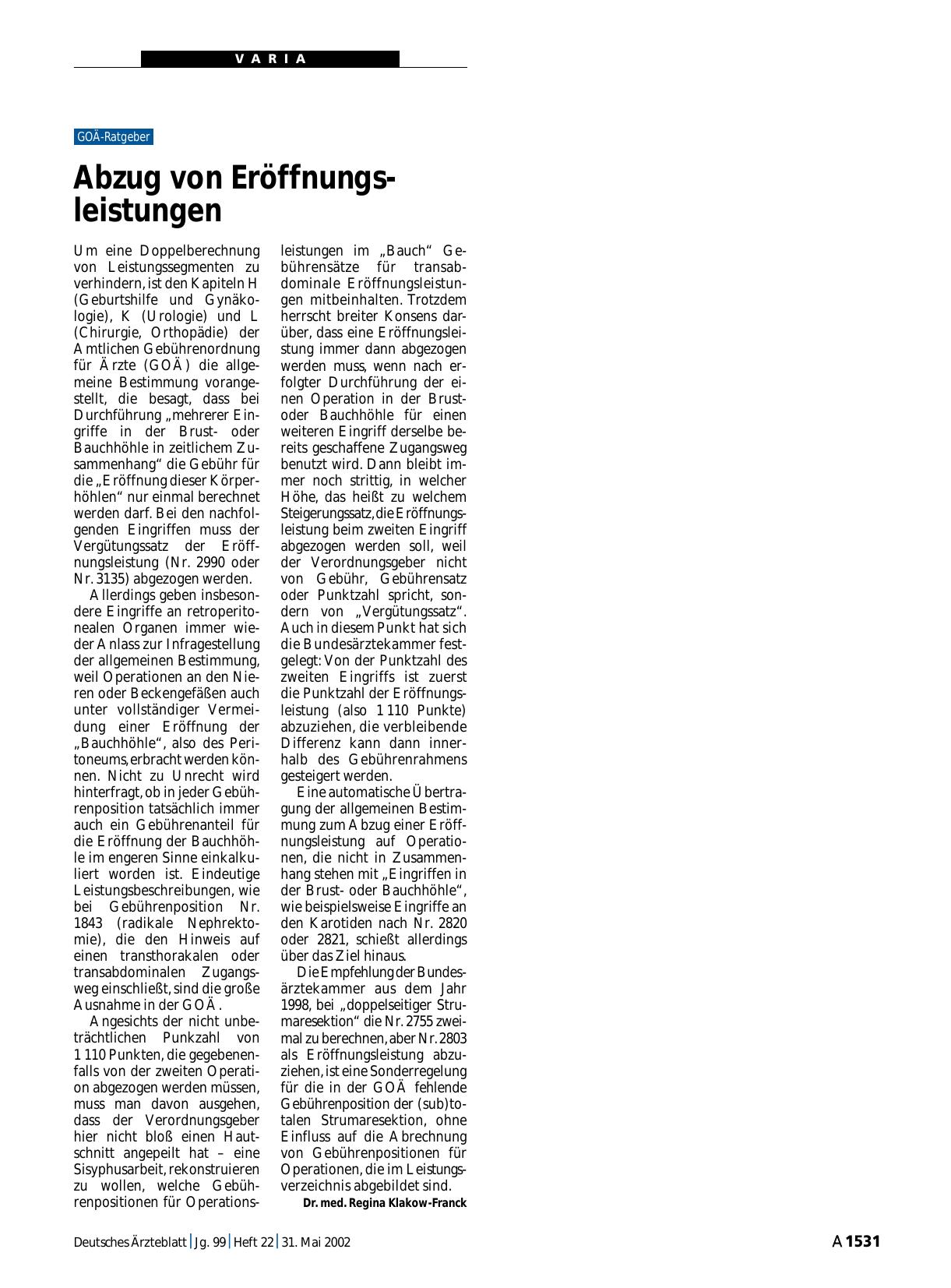 Vorschauseite 1: Abzug von Eröffnungsleistungen