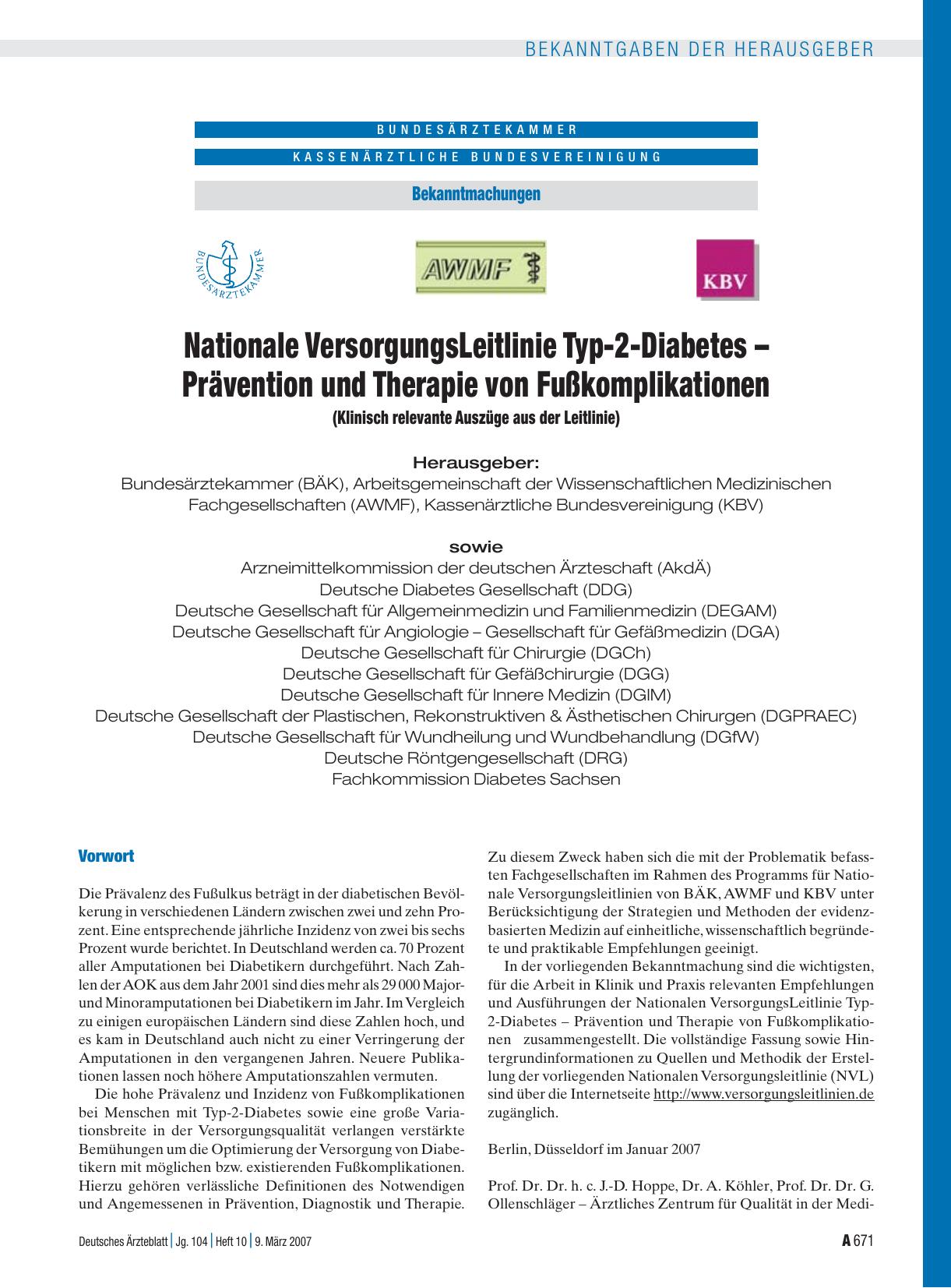 Vorschauseite 1: Bekanntmachungen: Nationale VersorgungsLeitlinie Typ-2-Diabetes – Prävention und Therapie von Fußkomplikationen (Klinisch relevante Auszüge aus der Leitlinie)