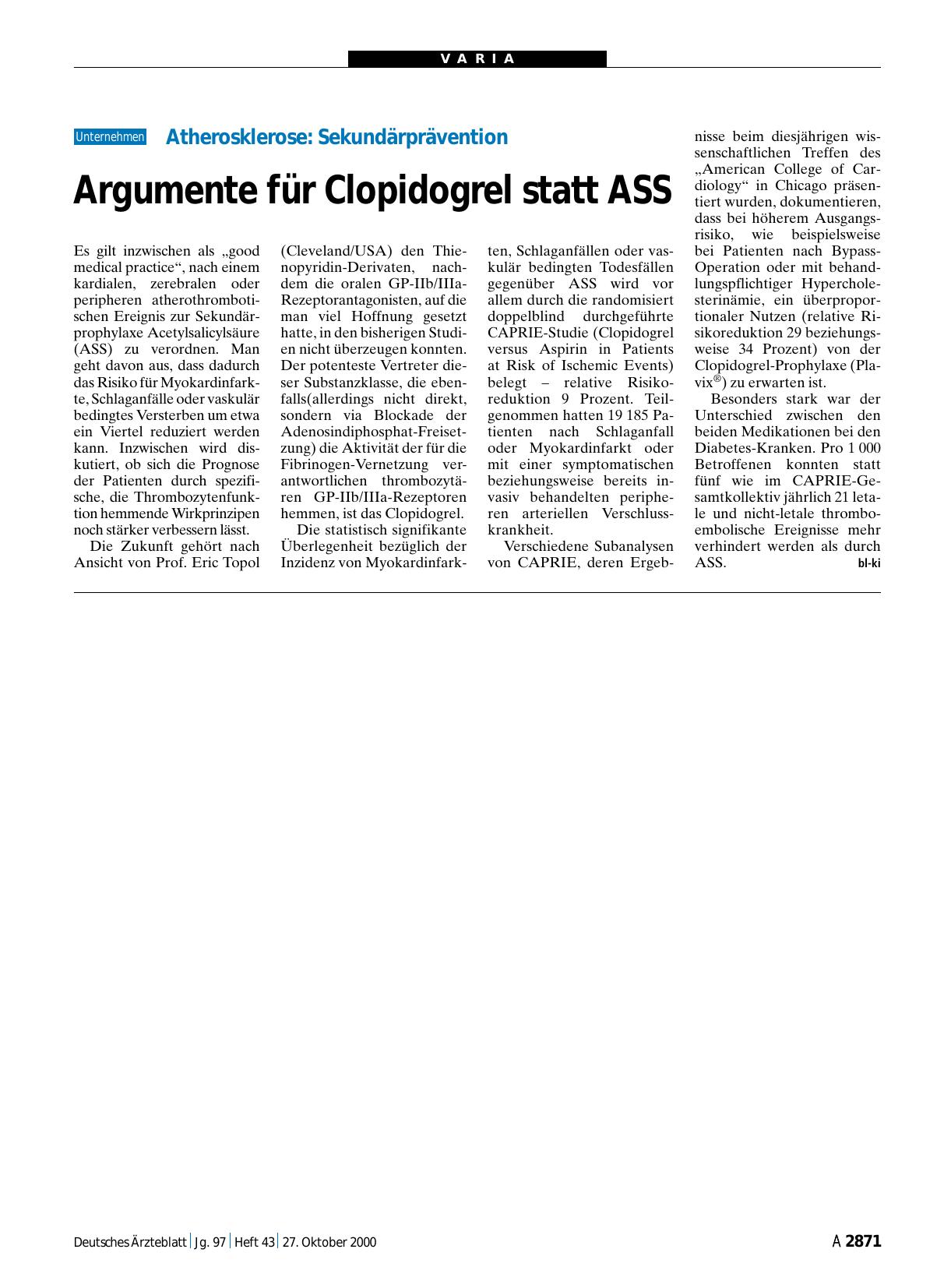 Vorschauseite 1: Atherosklerose – Sekundärprävention: Argumente für Clopidogrel statt ASS