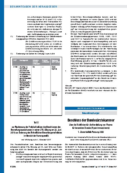 Vorschauseite 1: Beschluss der Bundesärztekammer über die Richtlinien für die Herstellung von Plasma für besondere Zwecke (Hyperimmunplasma) 1. überarbeitete Fassung 2000