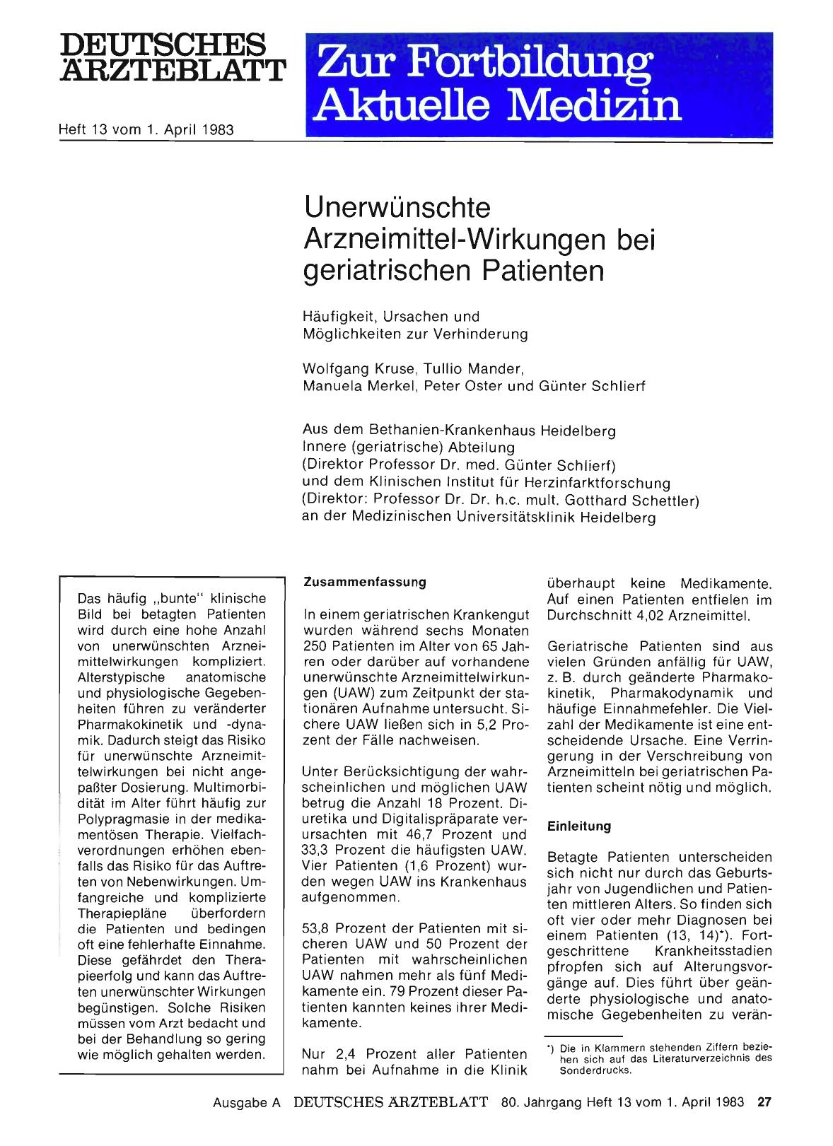 Vorschauseite 1: Unerwünschte Arzneimittel-Wirkungen bei geriatrischen Patienten