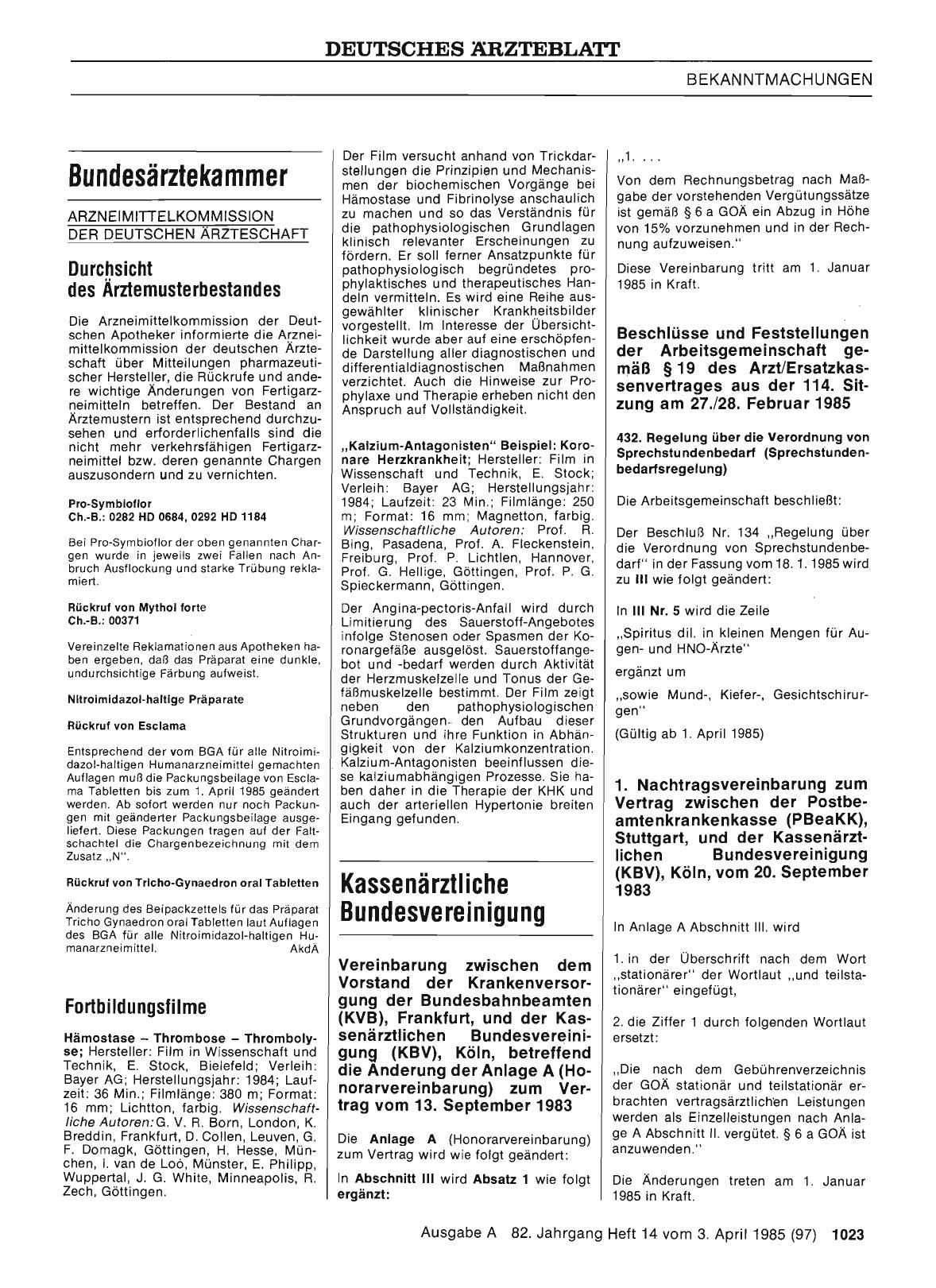 Vorschauseite 1: Vereinbarung zwischen dem Vorstand der Krankenversorgung der Bundesbahnbeamten (KVB), Frankfurt, und der Kassenärztlichen Bundesvereinigung (KBV), Köln, betreffend die Anderung de…
