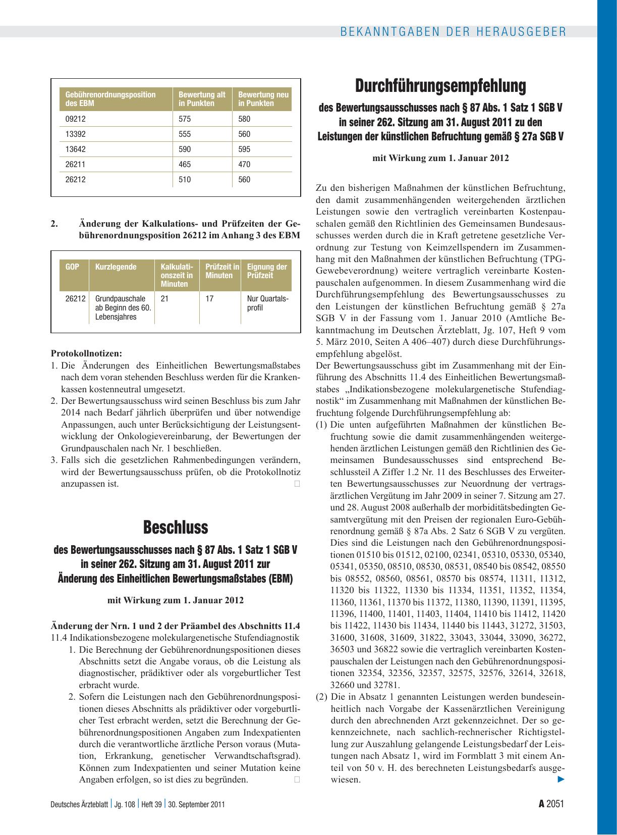 Vorschauseite 1: Beschluss des Bewertungsausschusses nach § 87 Abs. 1 Satz 1 SGB V in seiner 262. Sitzung am 31. August 2011 zur Änderung des Einheitlichen Bewertungsmaßstabes (EBM)