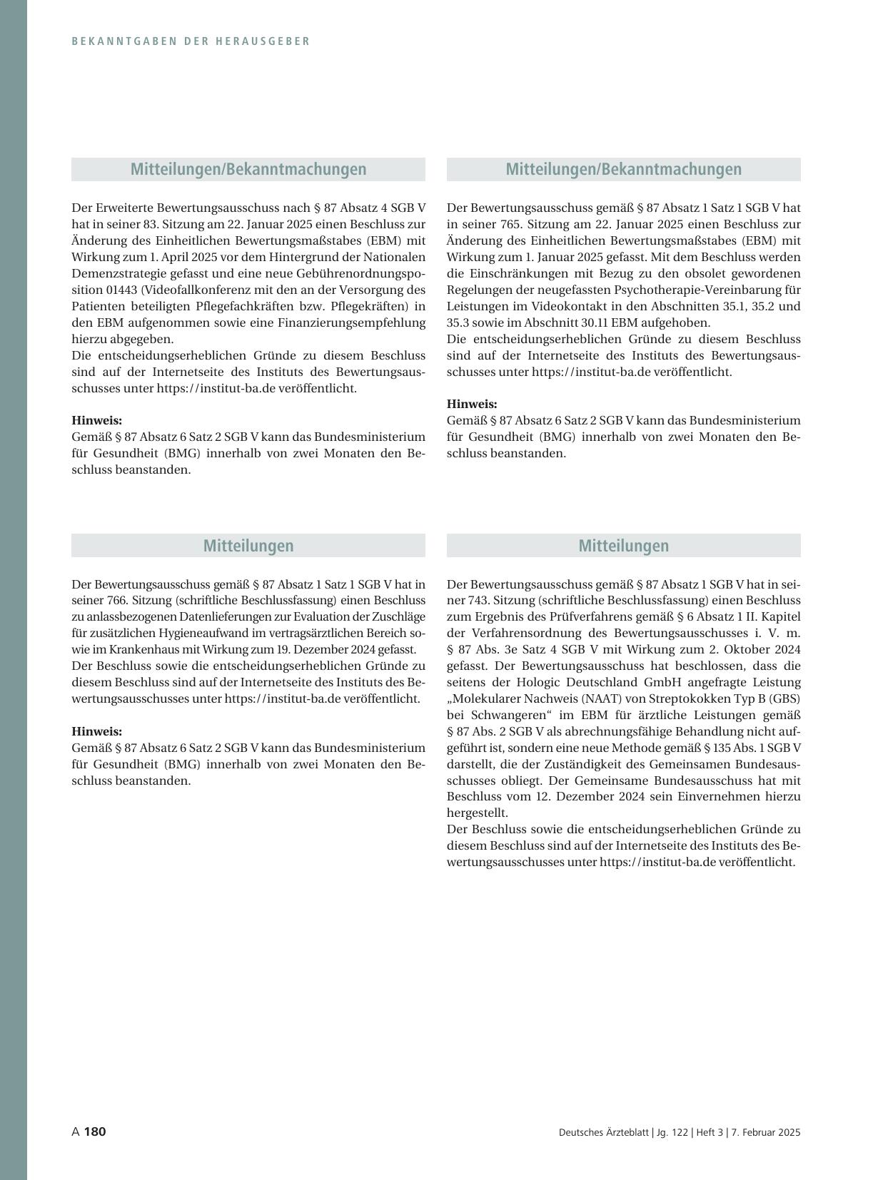 Vorschauseite 1: Beschluss des Erweiterten Bewertungsausschusses nach § 87 Abs. 4 SGB V in seiner 83. Sitzung am 22. Januar 2025: Teil A, Teil B im Zusammenhang mit der Aufnahme der Leistungen nac…