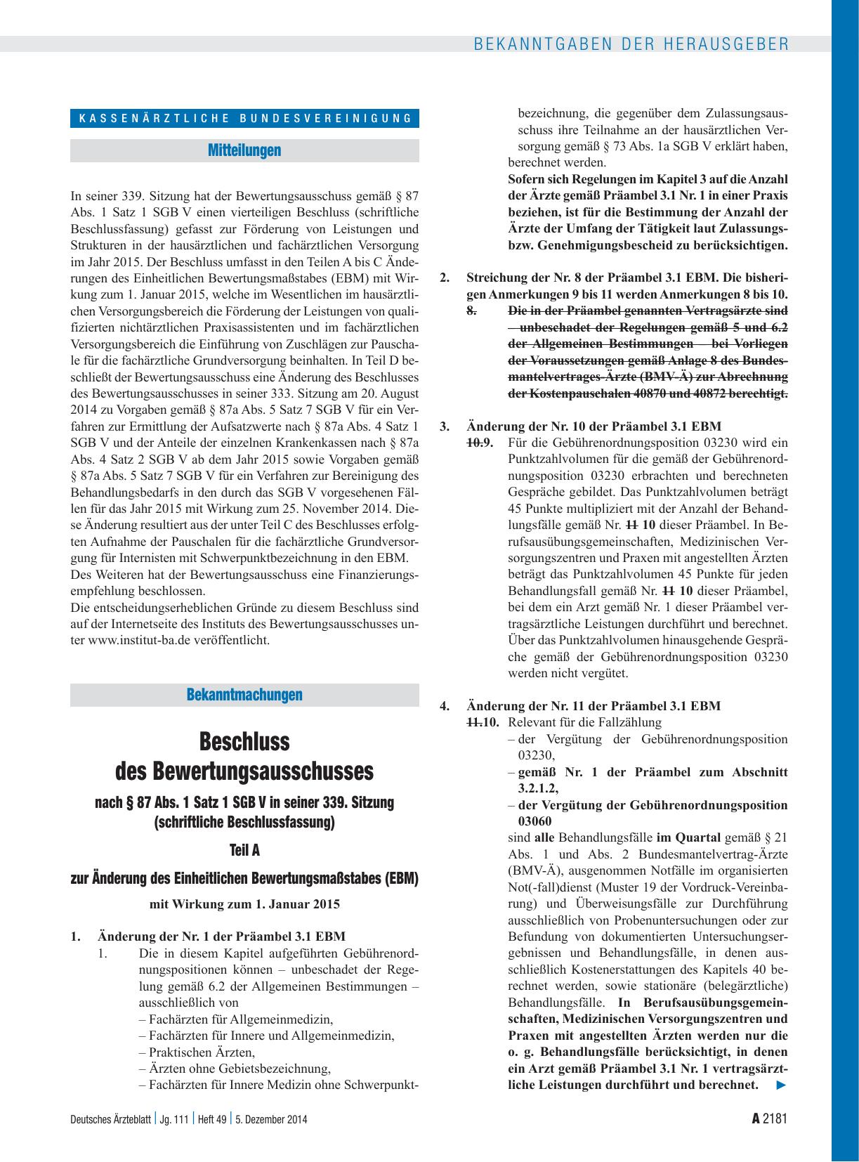 Vorschauseite 1: Beschluss des Bewertungsausschusses nach § 87 Abs. 1 Satz 1 SGB V in seiner 339. Sitzung (schriftliche Beschlussfassung) Teil A zur Änderung des Einheitlichen Bewertungsmaßstabes…