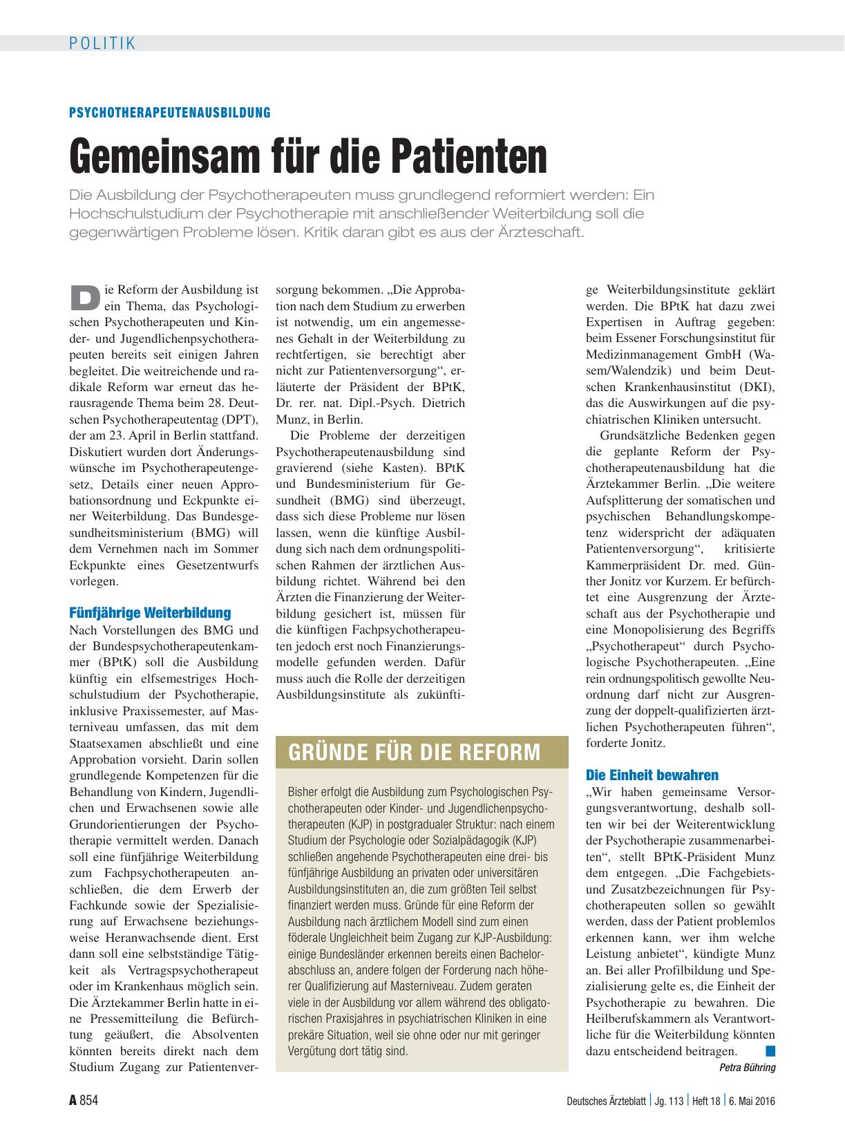 Vorschauseite 1: Psychotherapeutenausbildung: Gemeinsam für die Patienten