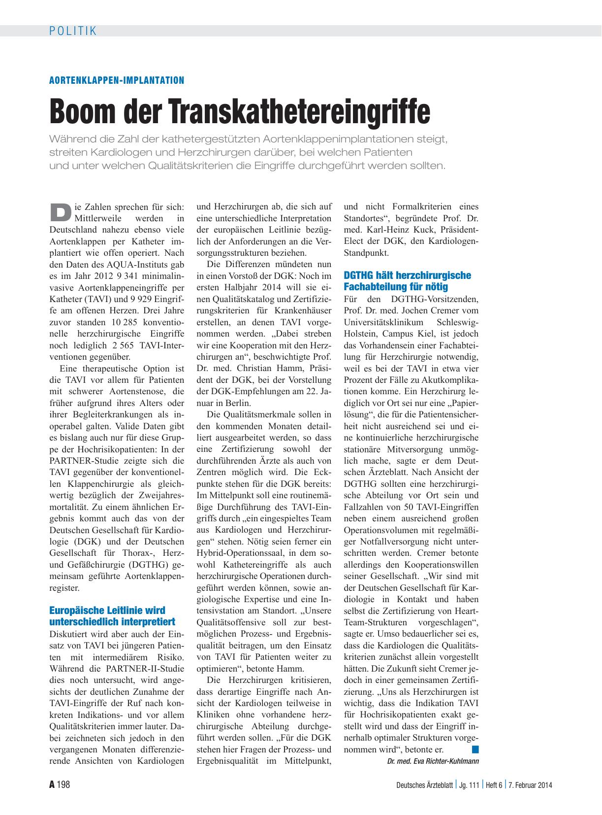 Vorschauseite 1: Aortenklappen-Implantation: Boom der Transkathetereingriffe