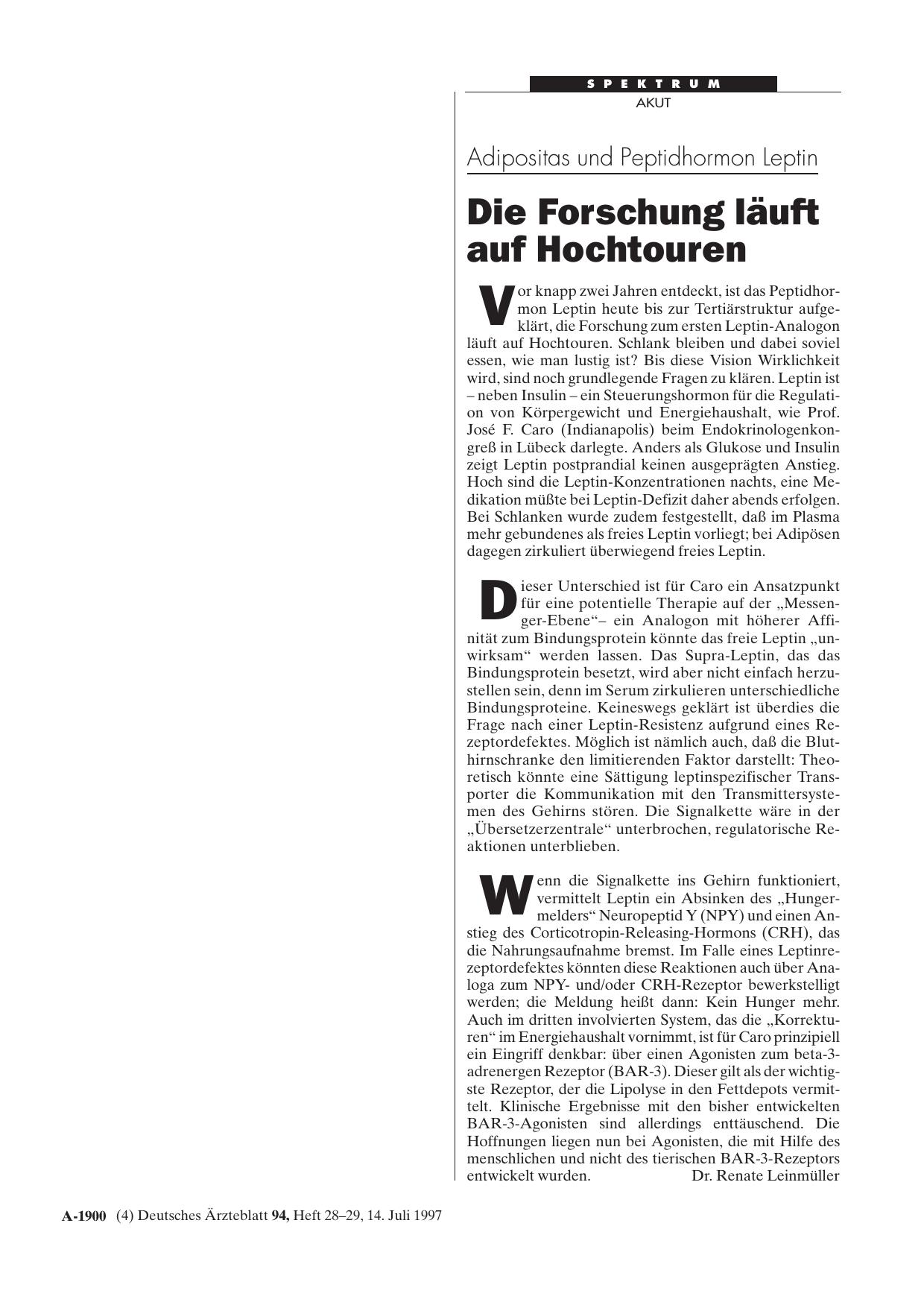 Vorschauseite 1: Adipositas und Peptidhormon Leptin: Die Forschung läuft auf Hochtouren
