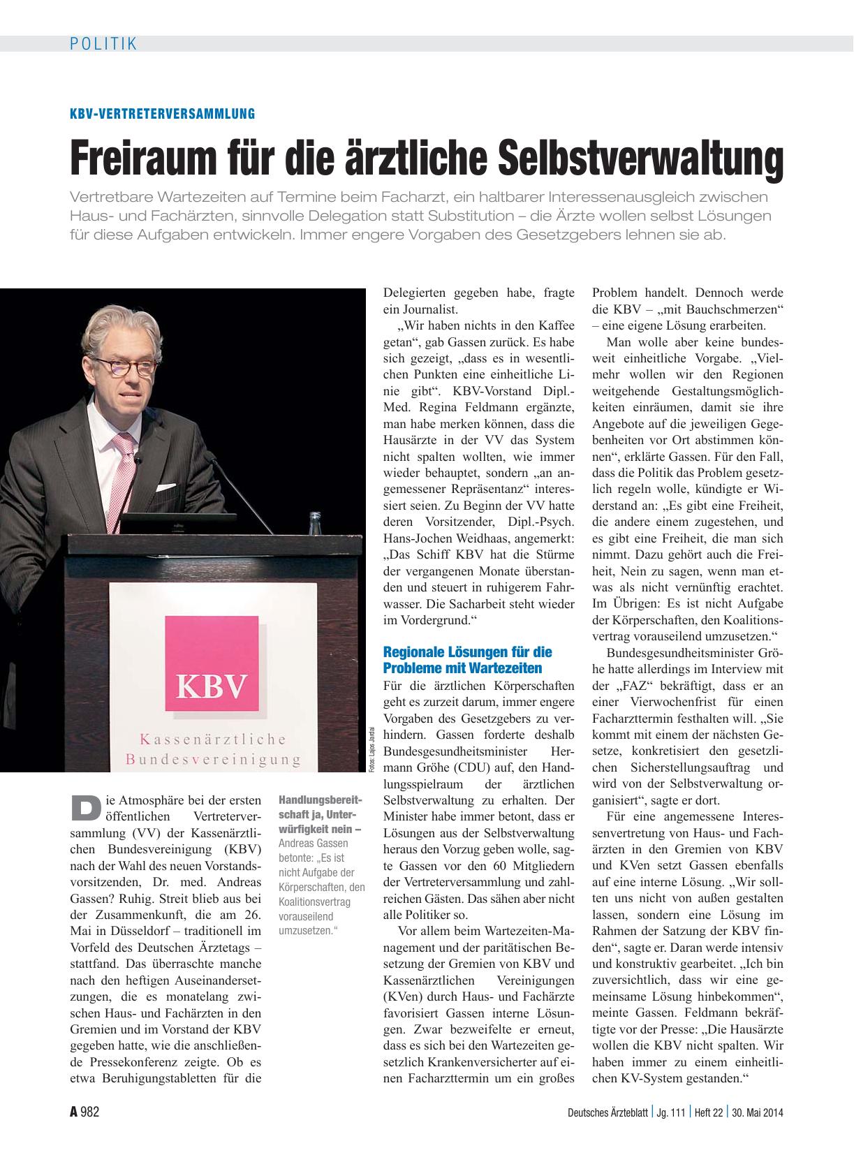 Vorschauseite 1: KBV-Vertreterversammlung: Freiraum für die ärztliche Selbstverwaltung