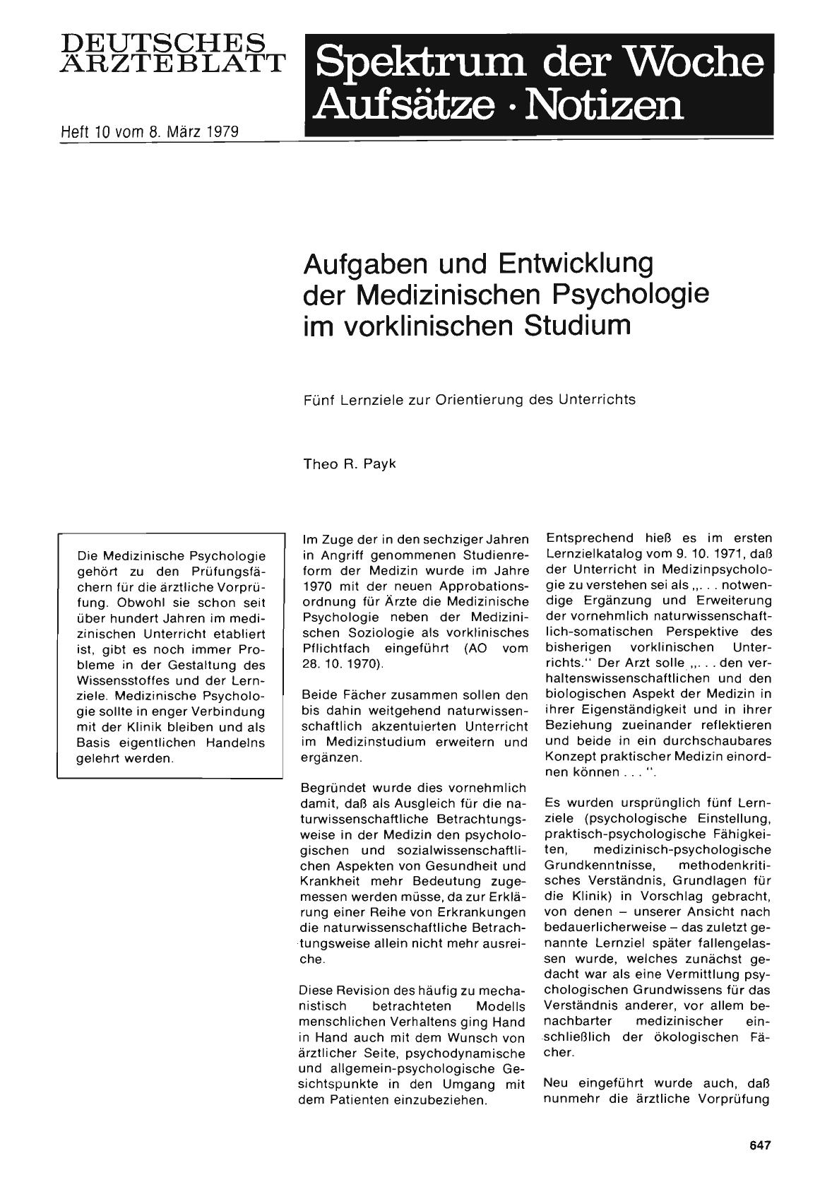 Vorschauseite 1: Aufgaben und Entwicklung der Medizinischen Psychologie im vorklinischen Studium