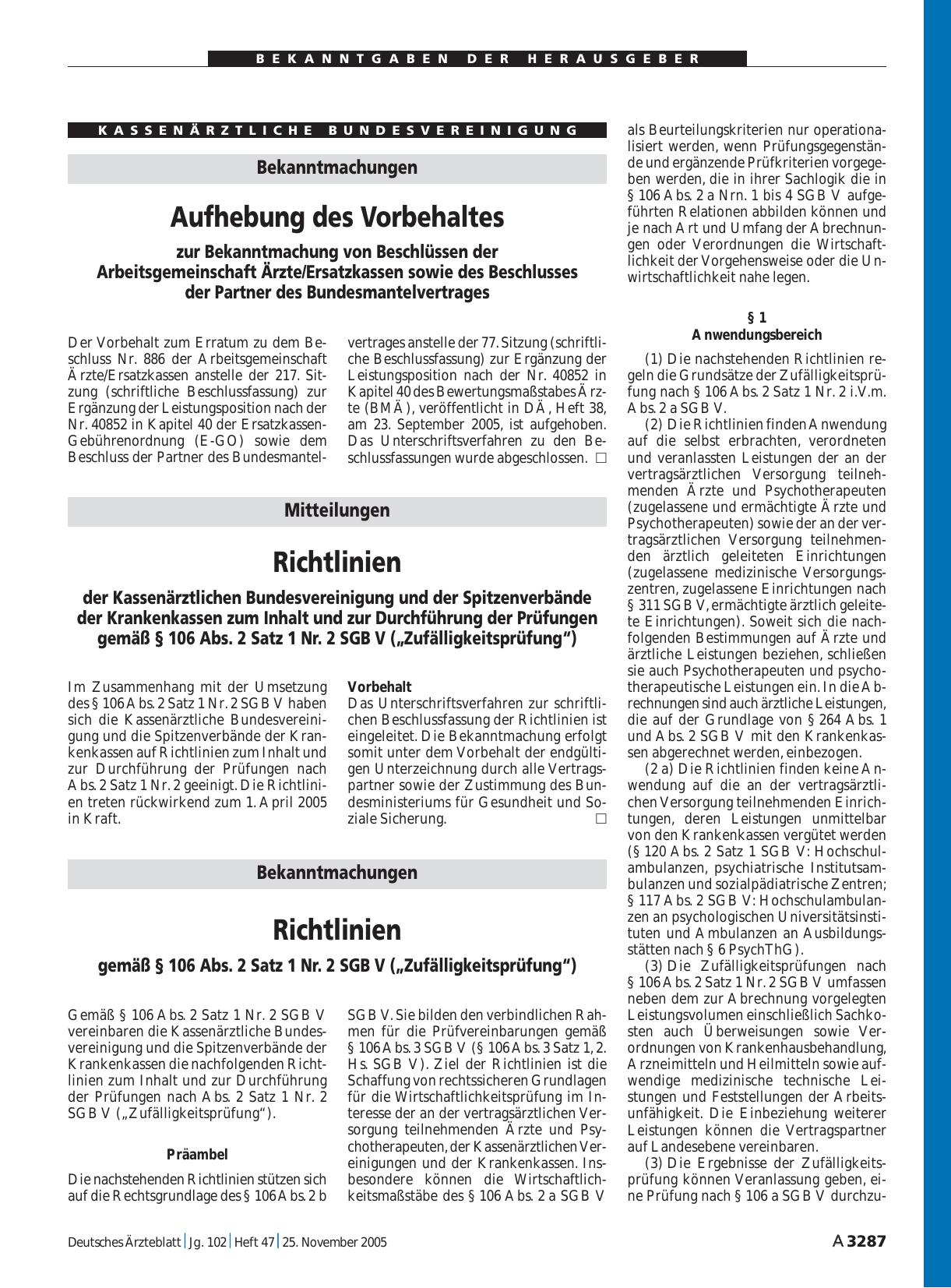 Vorschauseite 1: Bekanntmachungen: Richtlinien gemäß § 106 Abs. 2 Satz 1 Nr. 2 SGB V („Zufälligkeitsprüfung“)