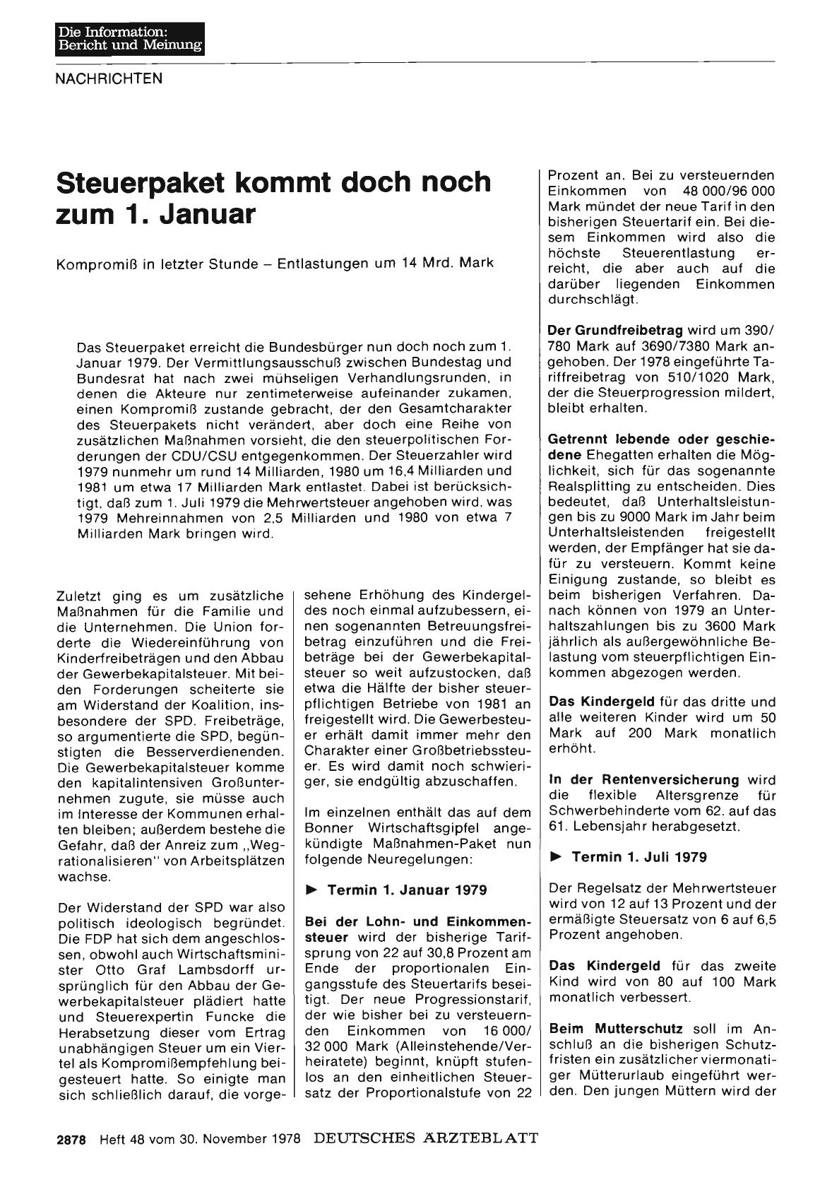 Vorschauseite 1: Steuerpaket kommt doch noch zum 1. Januar Kompromiß in letzter Stunde - Entlastungen um 14 Mrd. Mark