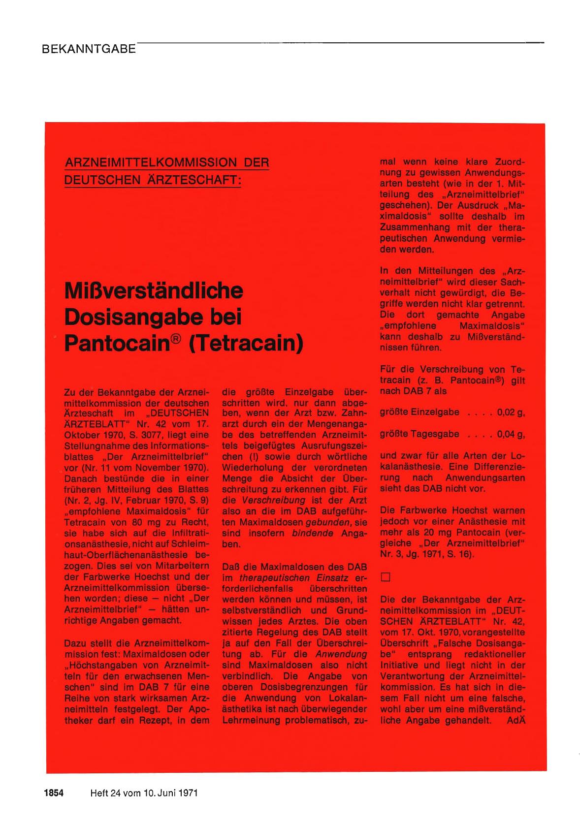 Vorschauseite 1: Mißverständliche Dosisangabe bei Pantocain (Tetracain)