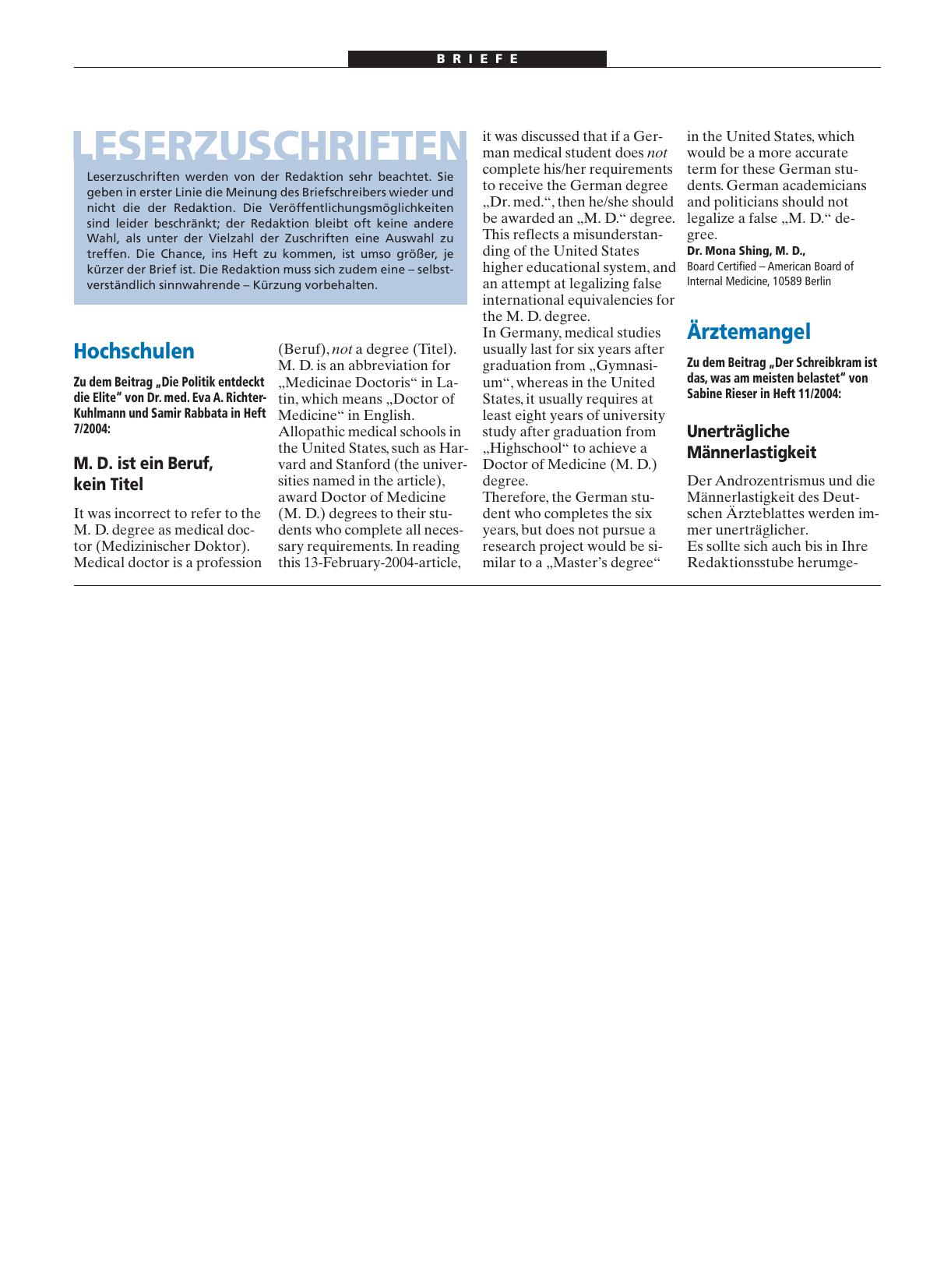 Vorschauseite 1: Hochschulen: M. D. ist ein Beruf, kein Titel