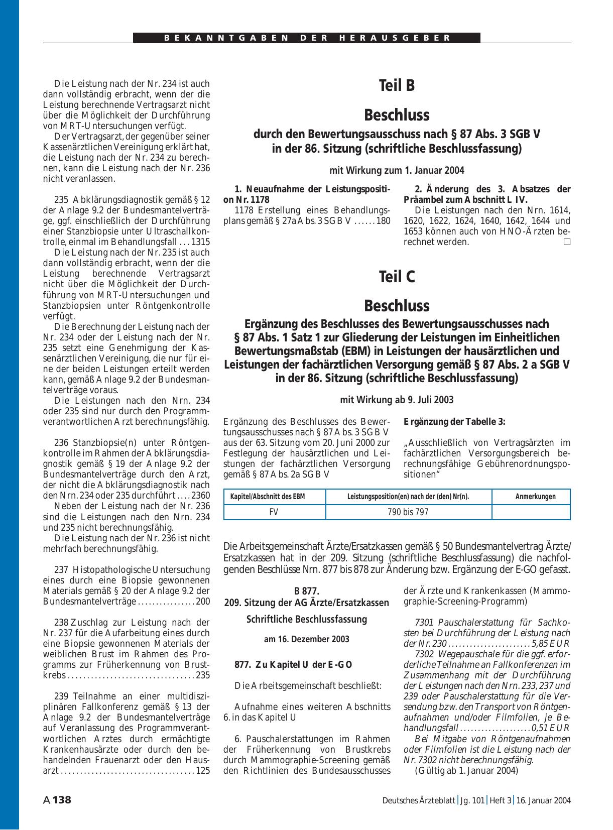 Vorschauseite 1: Teil C: Beschluss Ergänzung des Beschlusses des Bewertungsausschusses nach § 87 Abs. 1 Satz 1 zur Gliederung der Leistungen im Einheitlichen Bewertungsmaßstab (EBM) in Leistungen…